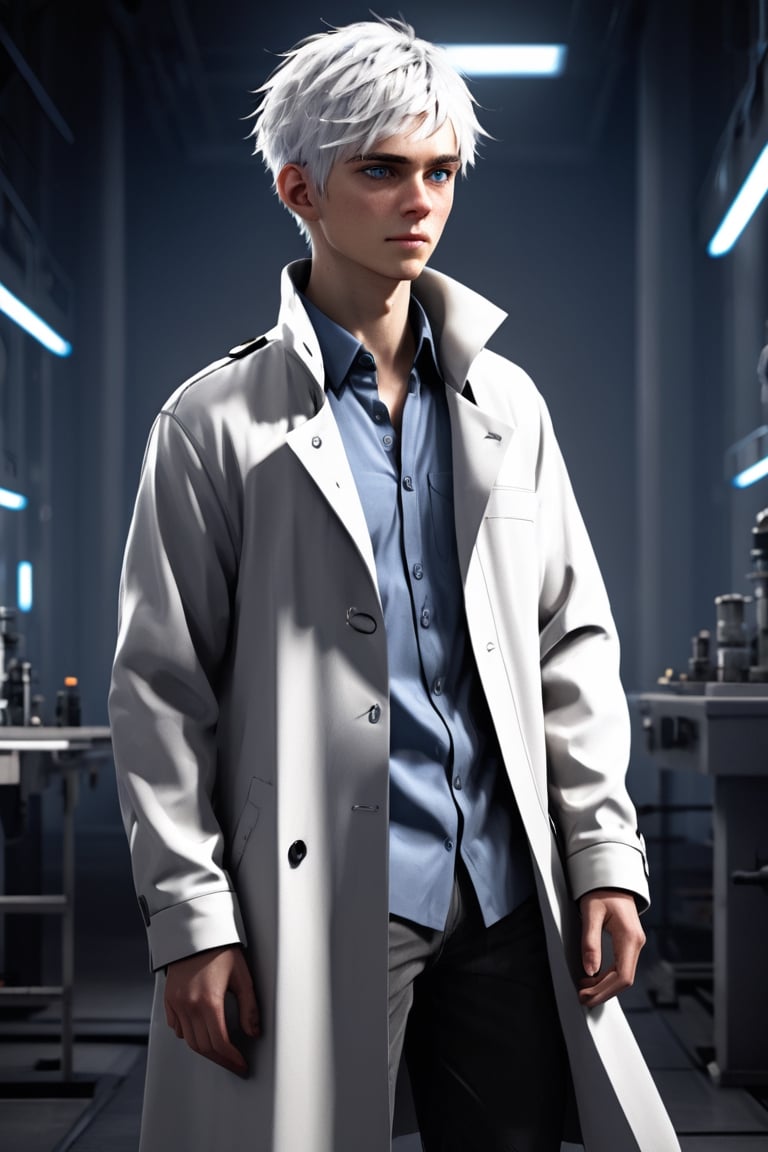 SalomanElfric, 22yo, solo, short hair, blue eyes, shirt, white hair, messy_hair, full body, male focus, mature male, unreal engine, sci-fi, full body, standing, grandiose, laboratory long coat