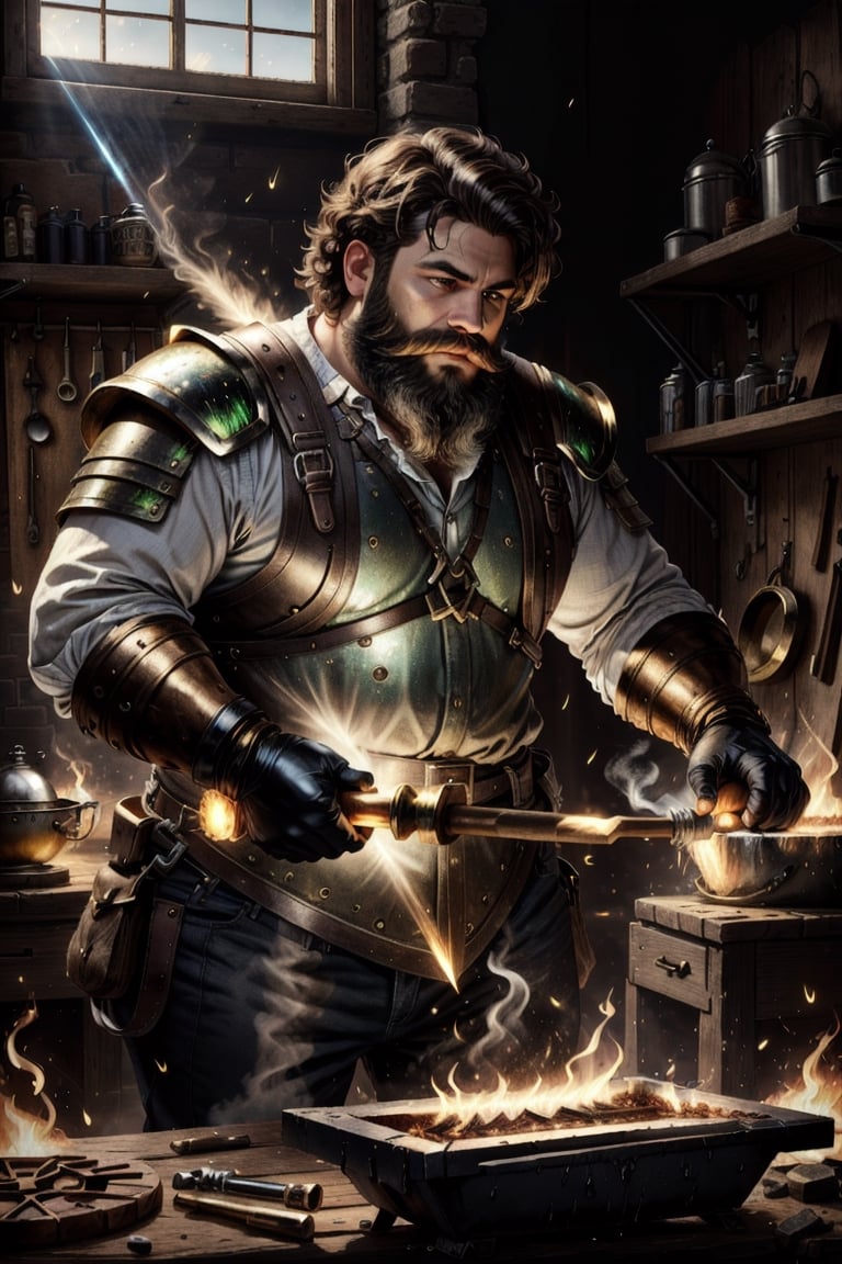 Hephaestus, smithing god, (blacksmith dwarf), solo, 1boy, holding, weapon, male focus, muscular, facail hair, green_eyes, brown_hair, white long beard, hammer, smithy, molten metal, caudron, white hot metal, realistic, unreal engine, hdr ,Fantasy, worldoffire, firefliesfireflies,light rays,leonardo, art_deco_fusion