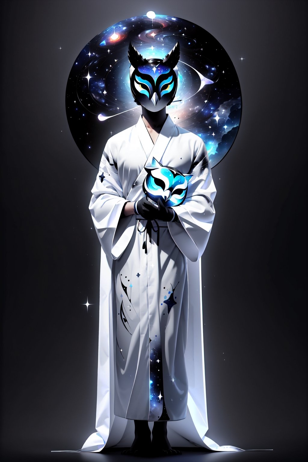 solo_male, solo, skinny, (slim), simple background, gloves, animal ears, full body, black skin, grey background, glowing, no pupils, starry sky print, (white Owl porcelain mask:1.2), (celestial long robe:1.2), library, mystic, 3d render, unreal engine, Celestial Skin,More Detail,