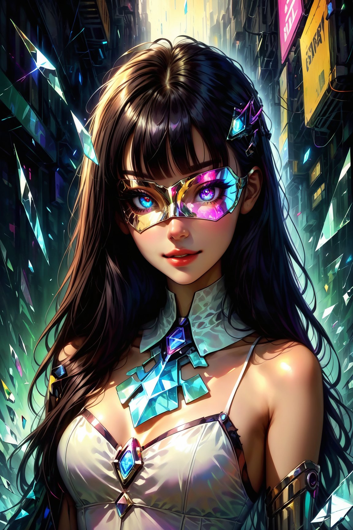 score_9, score_8_up, score_7_up, extremely detailed, (broken glass effect), (dress made of broken glass), shattered glass, (glass eye mask:1.2), vintage, vivid, cyberpunk, crystal mask that refract light, 1girl, upper body, asymetric bangs, black hair, long hair, sexy smile 