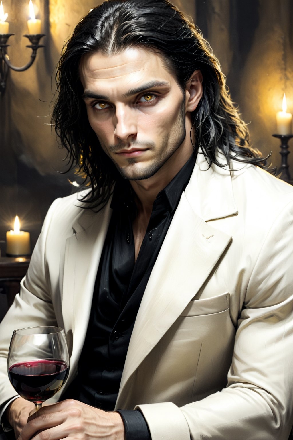 (calcasian 27yo slim man) with long black hair side swept to the right, golden eyes glowing yelow, white skin, sitting_down, drinking wine, refined, terror, long coat, overcoat, eery lights, 8k, realistic, Add more detail, man,guy, realhands, 1man,Add more detail,looking at viewer, full_body,Lenny,more detail XL,darkart