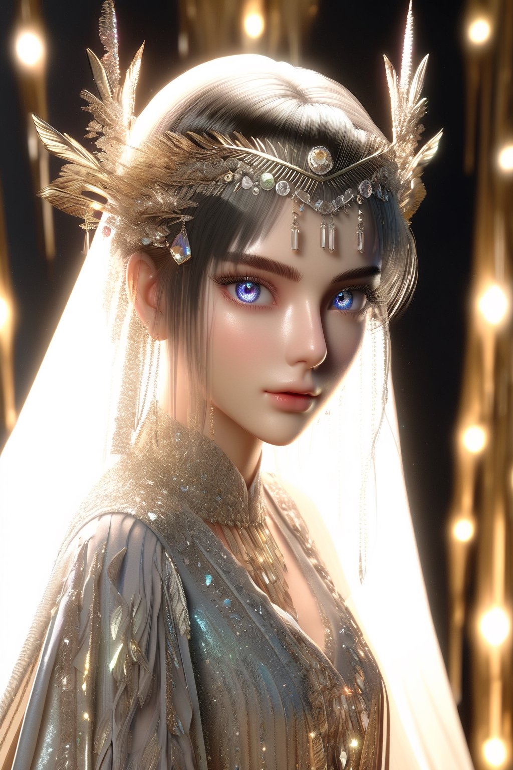 1 girl, European model, (athena:0.5), ((long black glossy hair)), straight bangs, ((shiny silver crystal colored eyes)), detailed eyes, (full body), blink and youll miss it detail, silk light clothes, golden glittering, high quality, textured background, very detailed, iridescent, intricate hairstyle ,clothing, softer lines, perfect hands, soft lighting, soft expression, front view, looking at viewer, soft smile, (thin delicate eyebrows:1.3) , unreal engine, realistic 