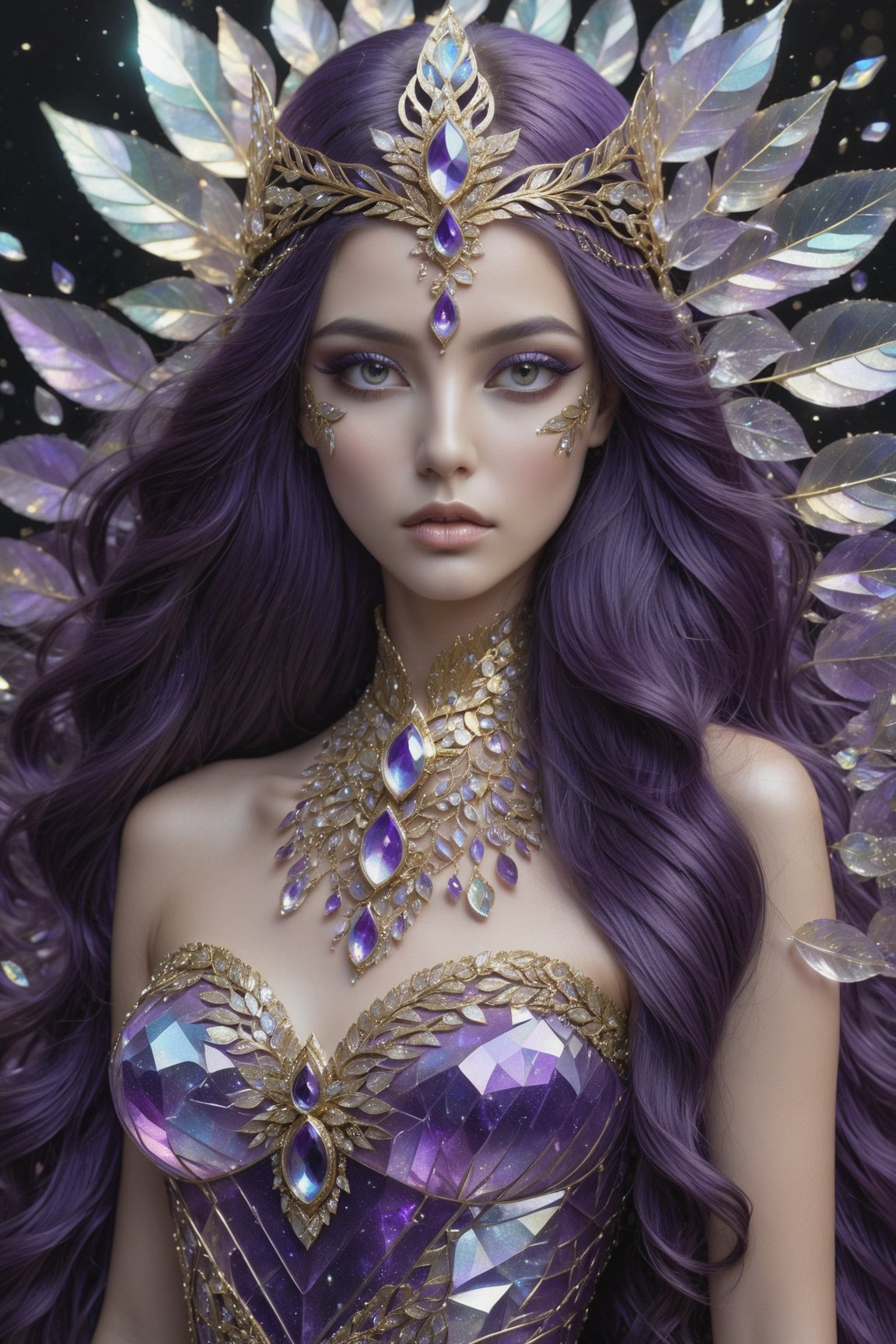 Serious purple long hair girl, adorned in a dazzling fantasy-inspired glass fantasy golden strapless dress, includes an eye-covering mask, perfect skin, Broken Glass effect, no background, stunning, something that even doesn't exist, oil paint, crystal_clear, crystals made out of leaves, skpleonardostyle, upper body