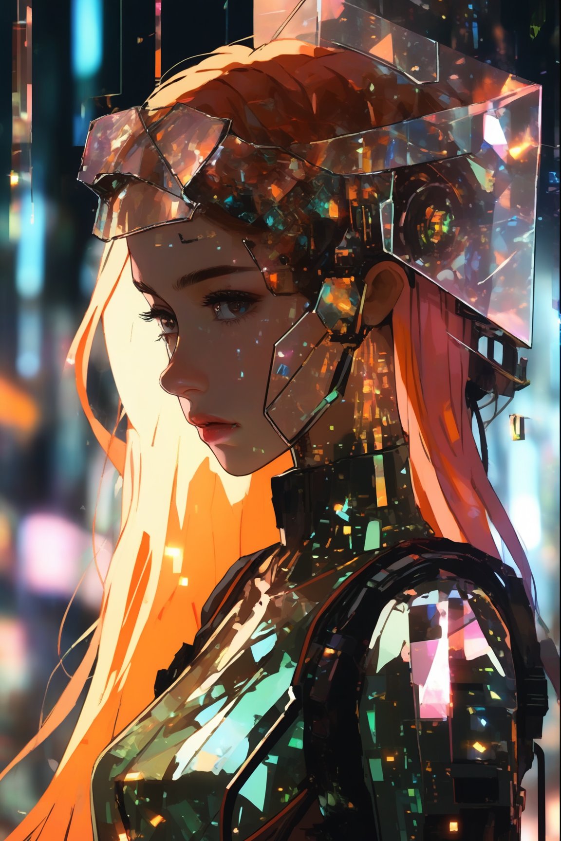 score_9, score_8, score_7, masterpiece, extremely detailed, broken glass effect, 1girl, solo, cyberpunk, transparent, cyborg, vivid, see-through, translucent, neon, detailed background, bokeh, creepy, vintage, see-through, facing front, upper body, internal organs, , orange hair, long hair, tied hair, hair over one eye, braless, long dress made of broken glass, crystal mask that refract light