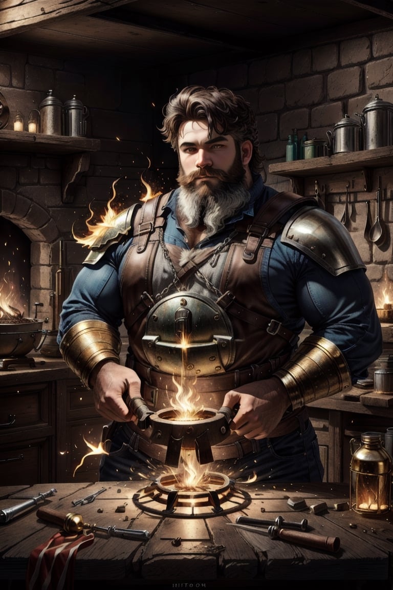 Hephaestus, smithing god, (blacksmith dwarf), solo, 1boy, holding, weapon, male focus, muscular, facail hair, green_eyes, brown_hair, white long beard, hammer, smithy, molten metal, caudron, white hot metal, realistic, unreal engine, hdr ,Fantasy, worldoffire, firefliesfireflies,light rays,leonardo, art_deco_fusion