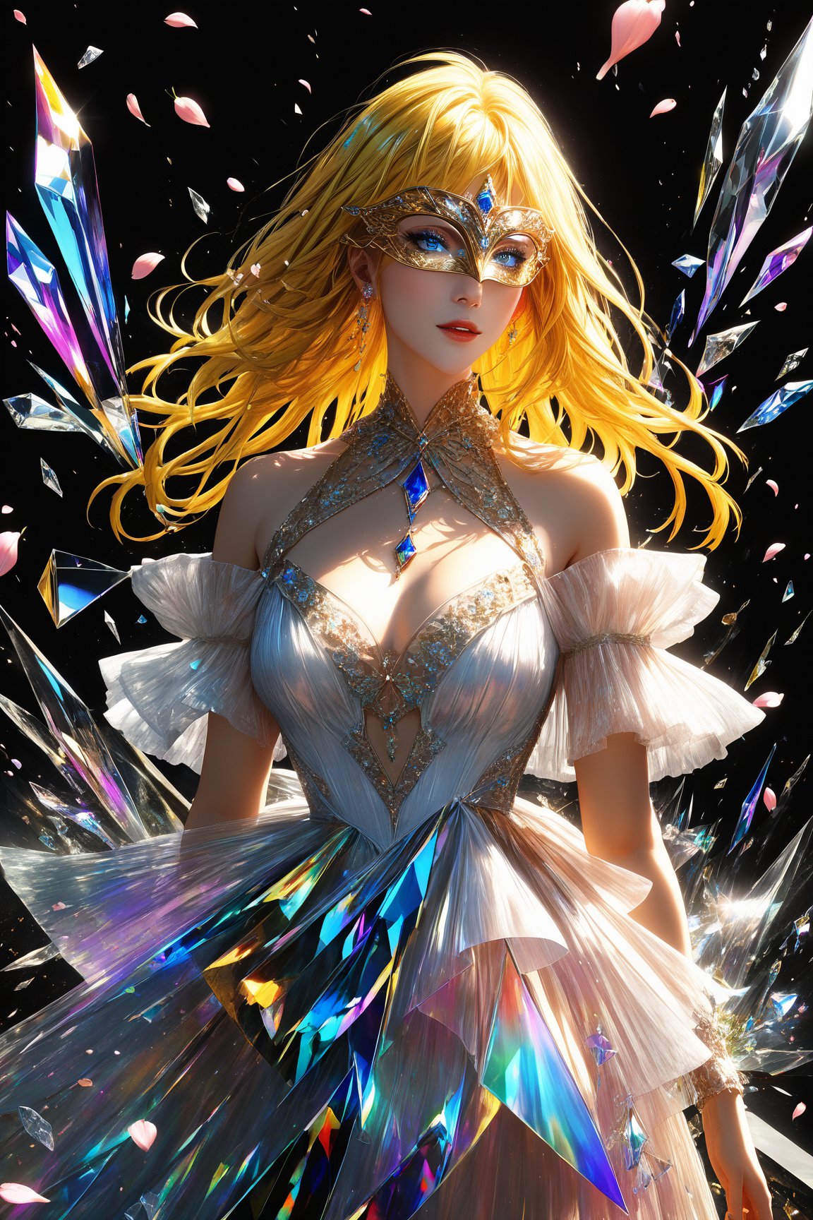 1girl, golden yellow hair, (strait hair), (blue eyes), ranbow red fantasy-inspired mirrored glass shards expensive clothes, long cut neckline, eye-covering mask, crystal, petals falling, Broken Glass effect, no background, stunning, something that even doesn't exist, mythical being, energy, textures, iridescent and luminescent shards, divine presence, cowboy shot, Volumetric light, auras, rays, vivid colors reflects, Broken Glass effect, eyes shoot, oil paint, male focus, 3d render, digital art, realistic