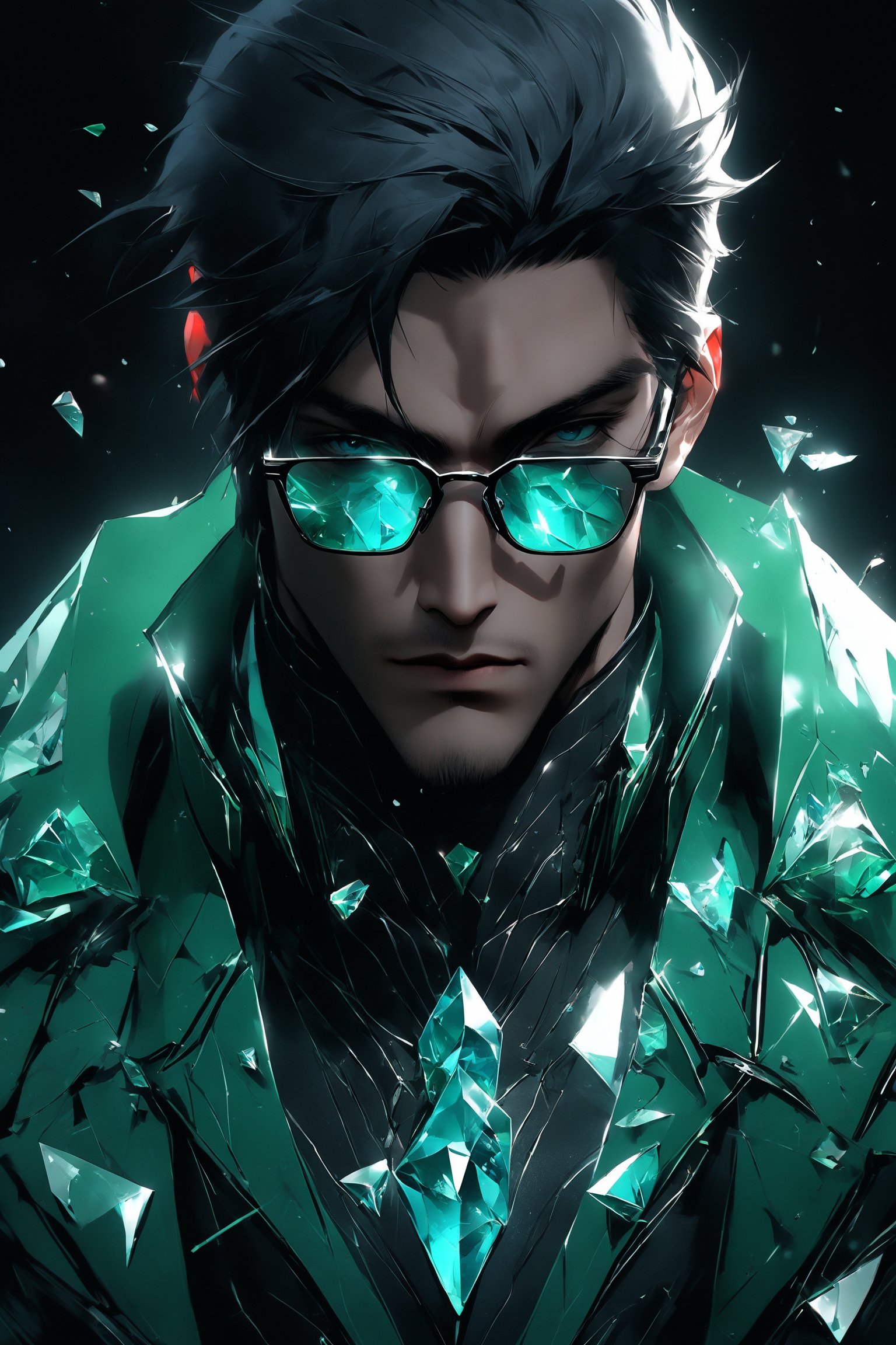 sole_male, German, medium black hair with layers, (square jawline:0.8), handsome, muscular,  (crystal sci-fi glasses), broken glass formal green suit, white skin, (cyan eyes), short black styled hair, clean face, serene expression, boss demeanor, magnate, masterpiece, digital art, award winner, serene, bright colors, octane, 3d render, realistic, shards