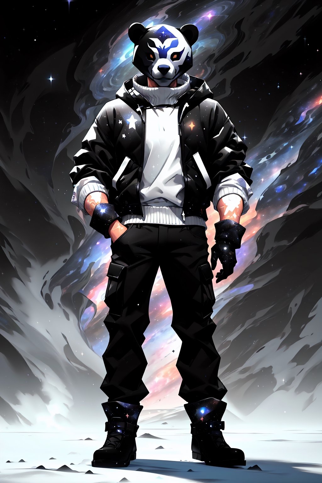 solo_male, strong, muscular, solo, (slim), simple background, gloves, animal ears, full body, (black skin), grey background, glowing, no pupils, (human_lip), starry sky print, (white bear mask:1.2), sleek mask, 1 mask, (black celestial winter clothes:1.2), turtleneck, cargo pants, dinamic photo, mystic, 3d render, unreal engine,Celestial Skin,