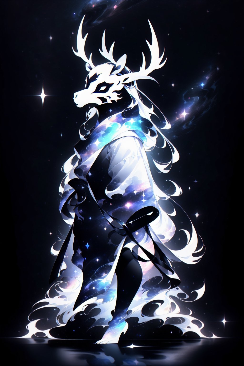 solo_male, solo, tall, mature, older_male, strong, long hair, simple background, gloves, animal ears, full body, (black skin), grey background, glowing, no pupils, starry sky print, (white elk mask:1.2), white horns, (black celestial clothes:1.2), dinamic photo, mystic, 3d render, unreal engine,Celestial Skin,