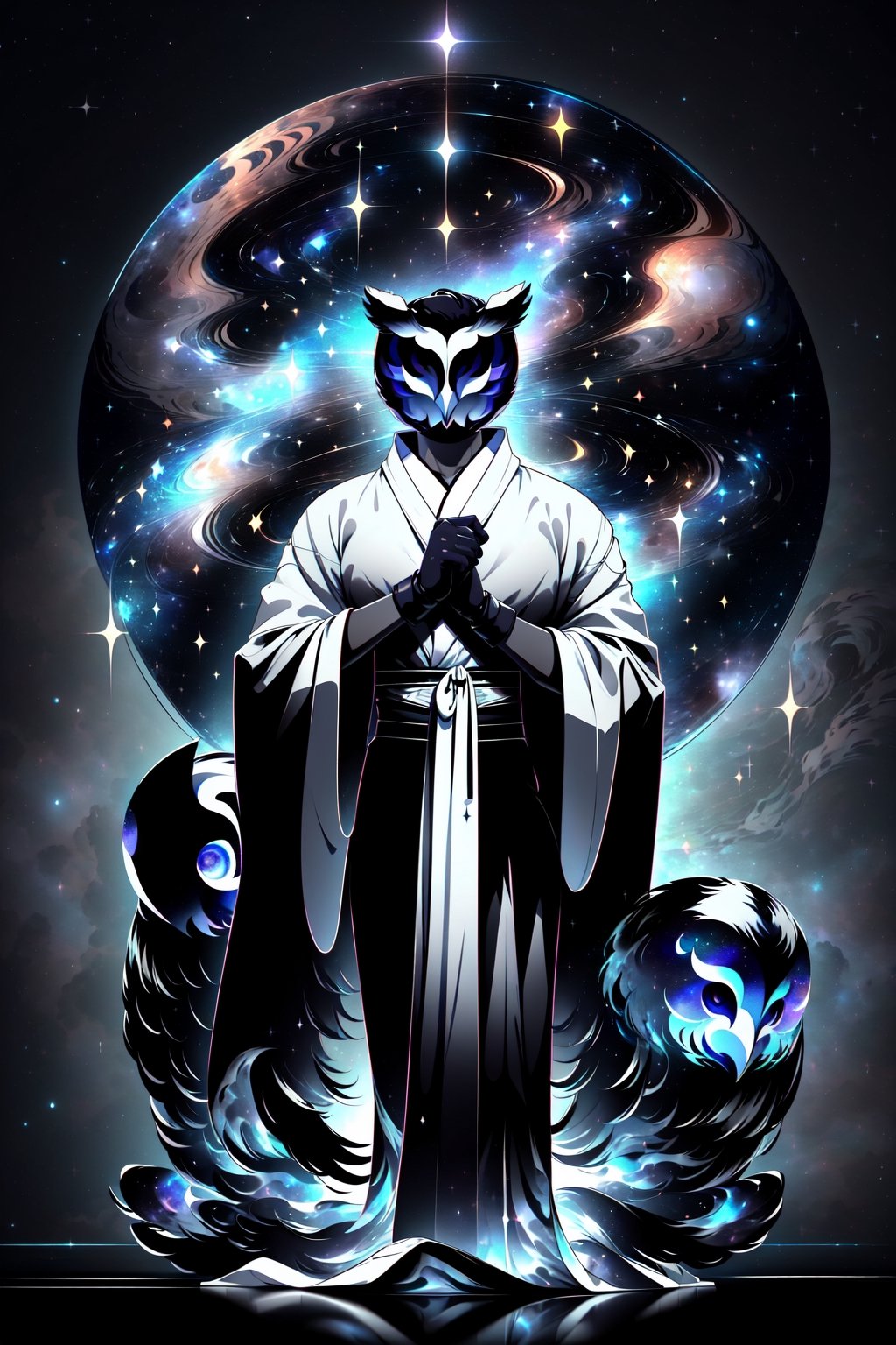 solo_male, solo, skinny, (slim), simple background, gloves, animal ears, full body, black skin, grey background, glowing, no pupils, starry sky print, (white Owl porcelain mask:1.2), (celestial long robe:1.2), library, mystic, 3d render, unreal engine, Celestial Skin,More Detail,