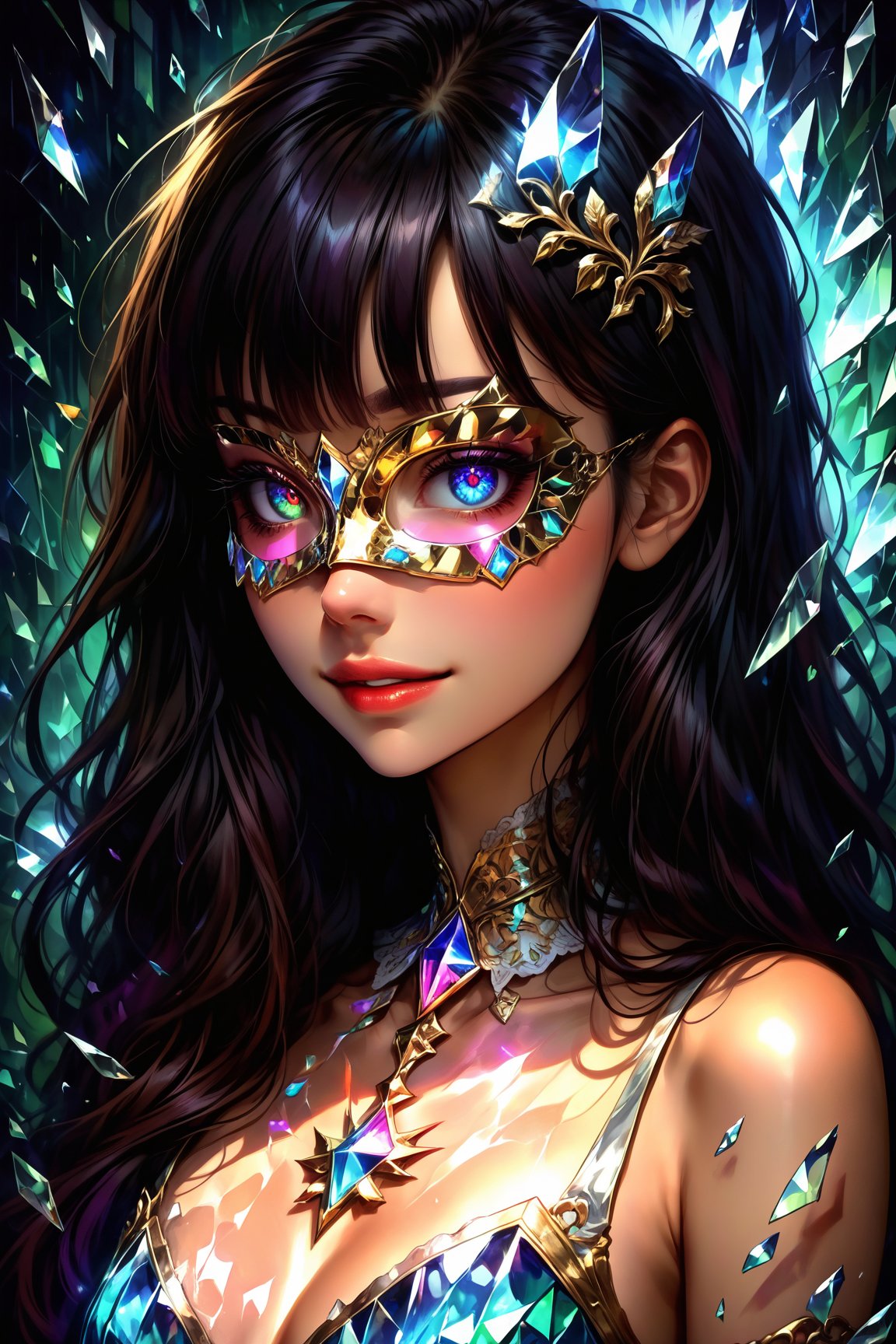 score_9, score_8_up, score_7_up, extremely detailed, (broken glass effect), (dress made of broken glass), shattered glass, (glass eye mask:1.2), vintage, vivid, crystal mask that refract light, 1girl, upper body, asymetric bangs, black hair, long hair, sexy smile 