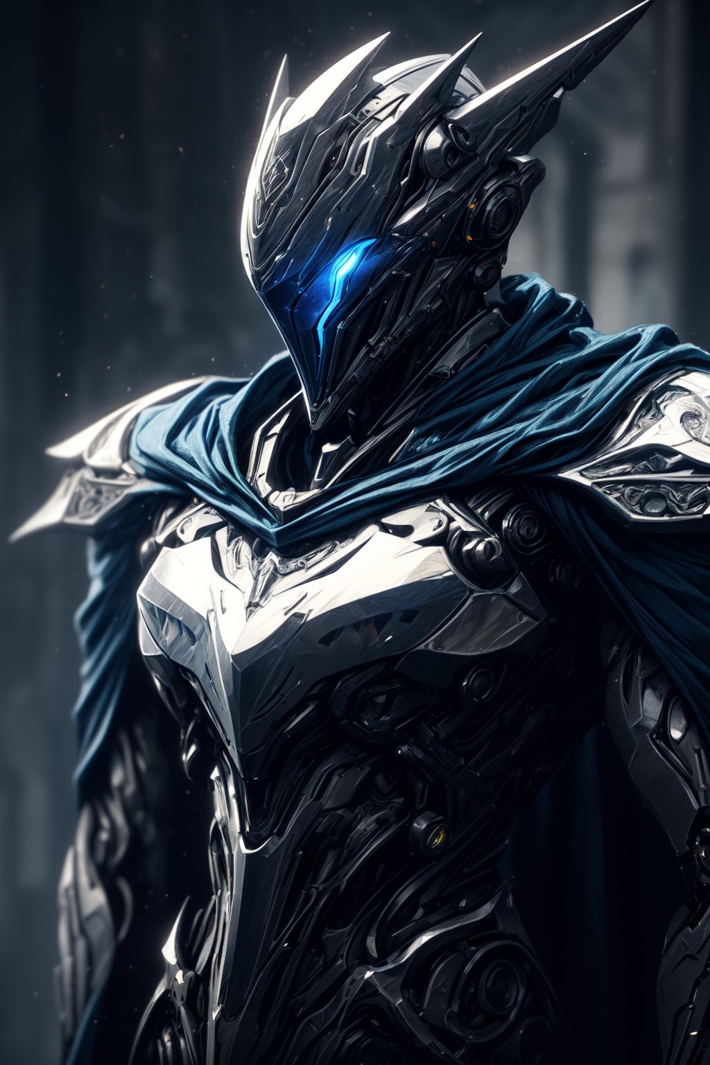 (masterpiece, best quality) extremely detailed, intricately detailed, ((portrait)), 1_boy, ((robot, wizard,assasin)), (Steel smooth armor, dark blue trim, cloth attachments, blue cloak), minimalist helmet, glowing eyes, chiaroscuro lighting, ray tracing, polished, high resolution, volumetric lightning, ,WARFRAME,medieval armor,robot