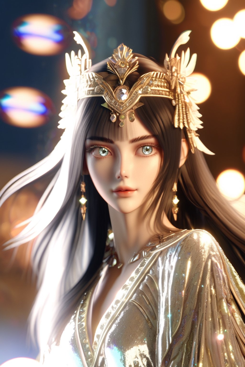 1 girl, European model, (athena:0.5), ((long black glossy hair)), straight bangs, ((shiny silver crystal colored eyes)), detailed eyes, (full body), blink and youll miss it detail, silk light clothes, golden glittering, high quality, textured background, very detailed, iridescent, intricate hairstyle ,clothing, softer lines, perfect hands, soft lighting, soft expression, front view, looking at viewer, soft smile, (thin delicate eyebrows:1.3) , unreal engine, realistic 