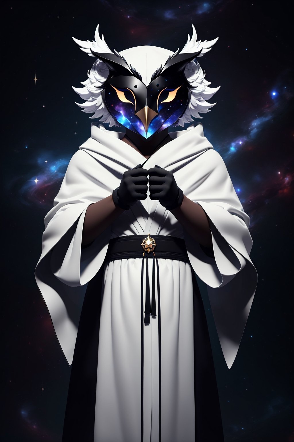 solo_male, solo, skinny, simple background, gloves, animal ears, full body, black skin, grey background, glowing, no pupils, starry sky print, (white Owl porcelain mask:1.2), (celestial long robe:1.2), library, mystic, 3d render, unreal engine, Celestial Skin