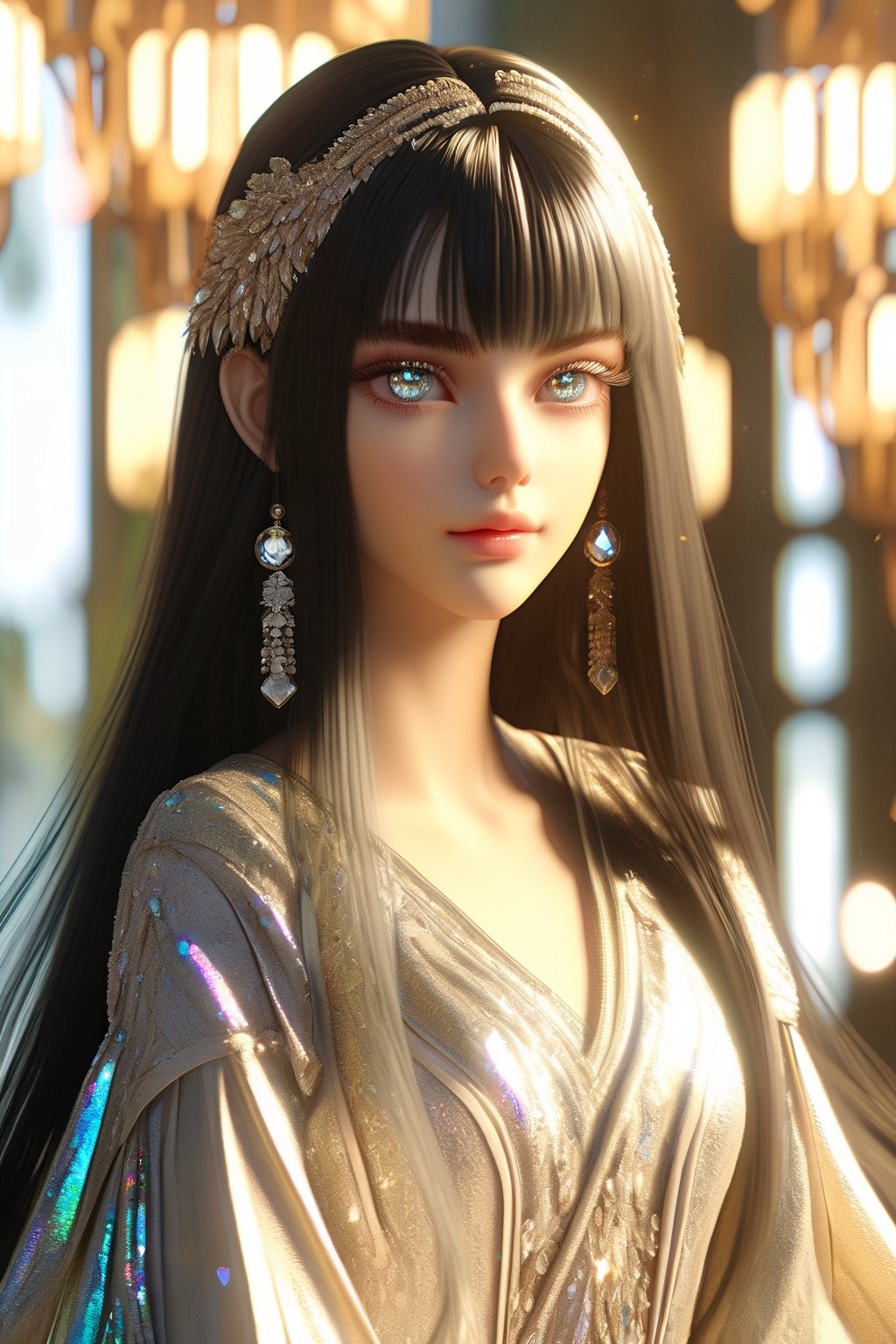 1 girl, European model, (athena:0.5), ((long black glossy hair)), straight bangs, ((shiny silver crystal colored eyes)), detailed eyes, (full body), blink and youll miss it detail, silk light clothes, golden glittering, high quality, textured background, very detailed, iridescent, intricate hairstyle ,clothing, softer lines, perfect hands, soft lighting, soft expression, front view, looking at viewer, soft smile, (thin delicate eyebrows:1.3) , unreal engine, realistic 