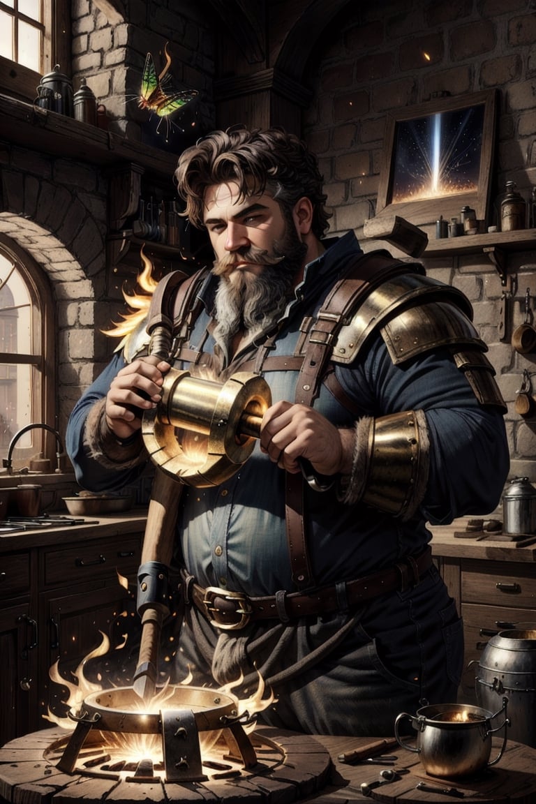 Hephaestus, smithing god, (blacksmith dwarf), solo, 1boy, holding, weapon, male focus, muscular, facail hair, green_eyes, brown_hair, white long beard, hammer, smithy, molten metal, caudron, white hot metal, realistic, unreal engine, hdr ,Fantasy, worldoffire, firefliesfireflies,light rays,leonardo, art_deco_fusion