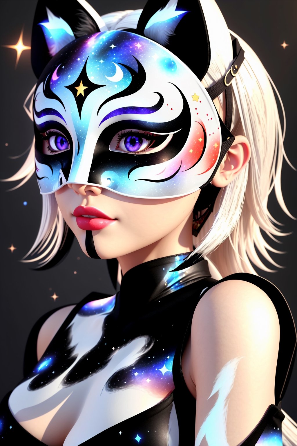 1girl, solo, skinny, (slim), simple background, gloves, animal ears, shoulders, tail, upper body, white hair, sleeveless, virtual youtuber, (black skin), grey background, glowing, no pupils, starry sky print, (white fox mask:1.2), (black celestial qipao:1.2), dinamic photo, mystic, 3d render, unreal engine,Celestial Skin,3D MODEL