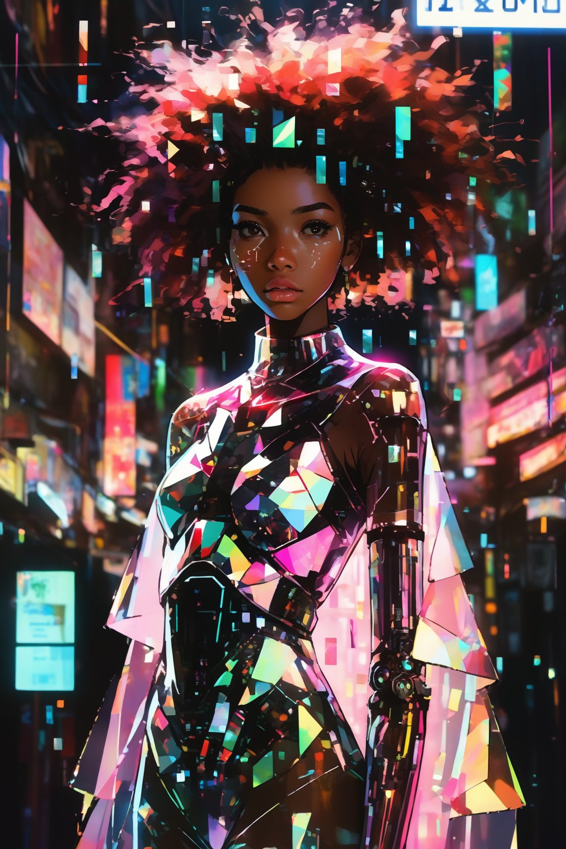 score_9, score_8, score_7, masterpiece, extremely detailed, broken glass effect, 1girl, solo, cyberpunk, transparent, cyborg, vivid, see-through, translucent, neon, detailed background, bokeh, creepy, vintage, see-through, facing front, upper body, internal organs, crimson hair, afro hair, black girl, eye covering mask, braless, long dress made of broken glass, crystal mask that refract light