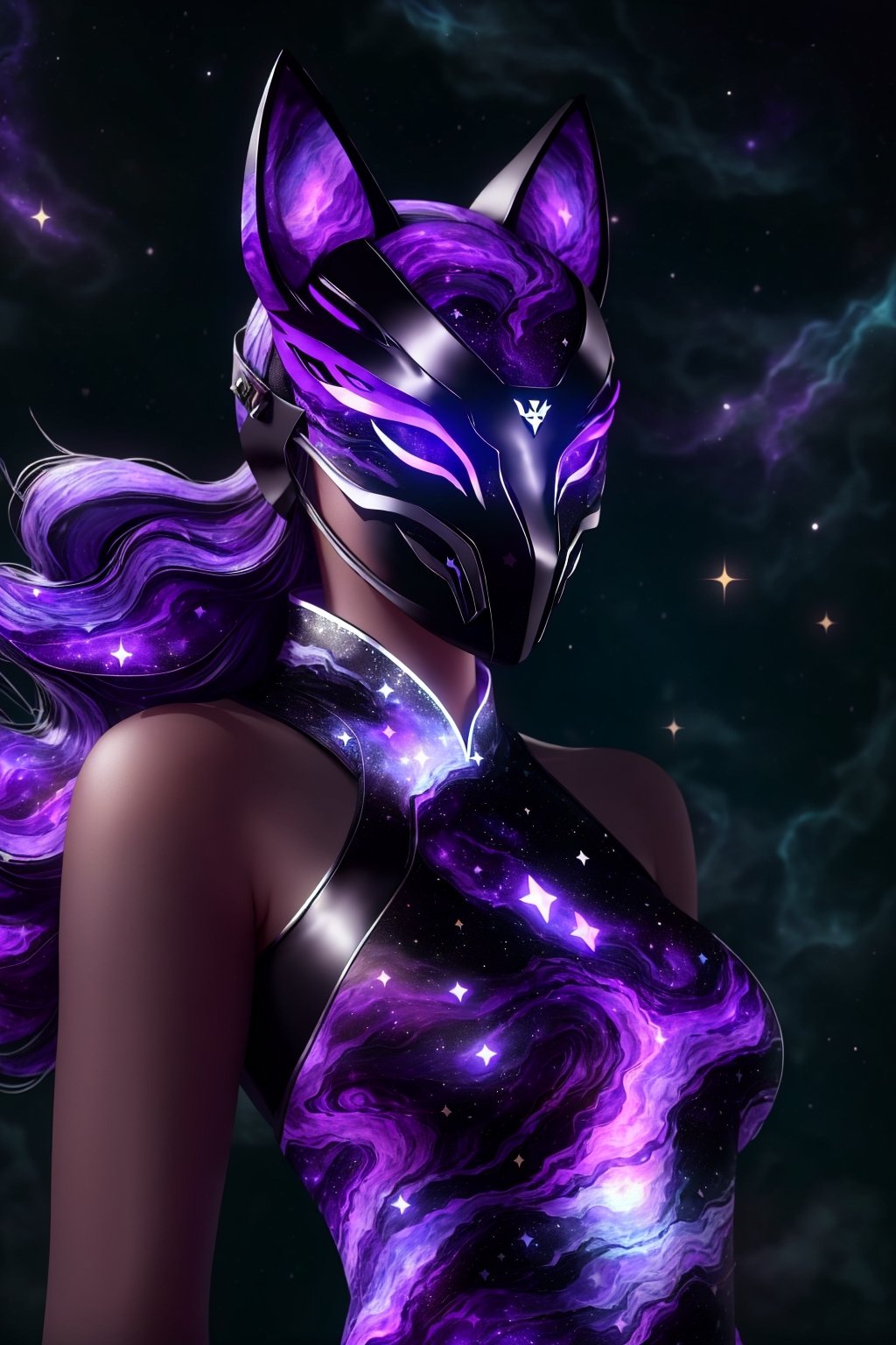 1girl, solo, (slim), simple background, gloves, animal ears, full body, (black skin), grey background, glowing, no pupils, (human_lip), starry sky print, (purple wolf mask:1.2), sleek mask, 1 mask, (black celestial Ao Dai:1.2), dinamic photo, mystic, 3d render, unreal engine, Celestial Skin,