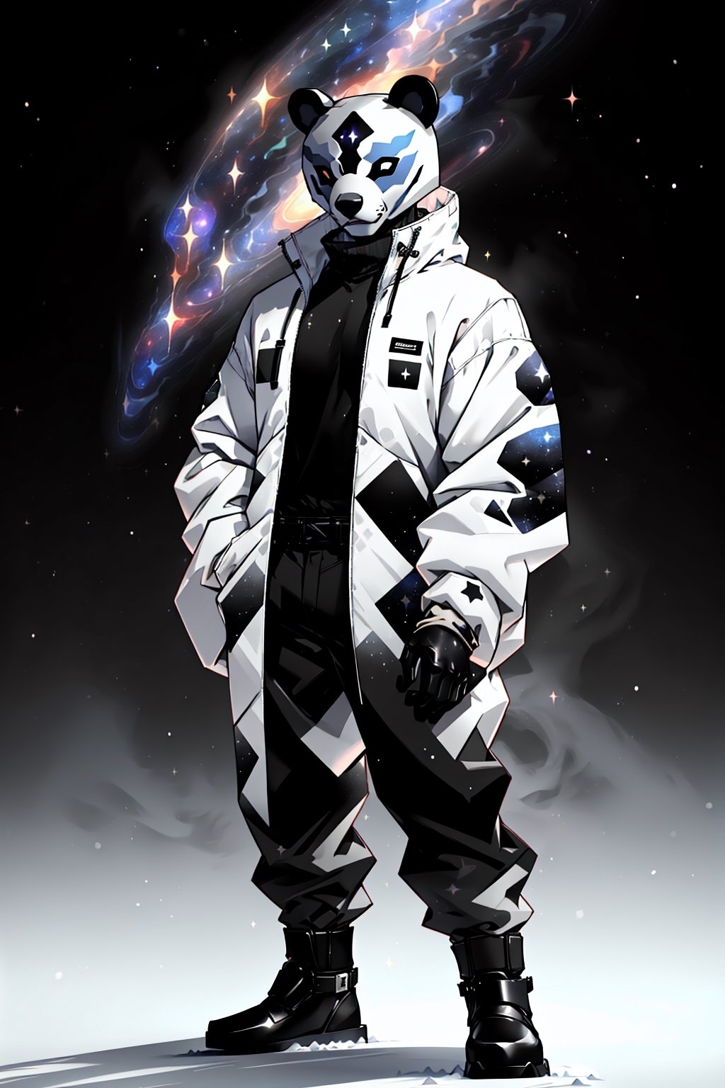 solo_male, strong, muscular, solo, (slim), simple background, gloves, animal ears, full body, (black skin), grey background, glowing, no pupils, (human_lip), starry sky print, (white bear mask:1.2), sleek mask, 1 mask, (black celestial winter clothes:1.2), turtleneck, cargo pants, dinamic photo, mystic, 3d render, unreal engine,Celestial Skin,