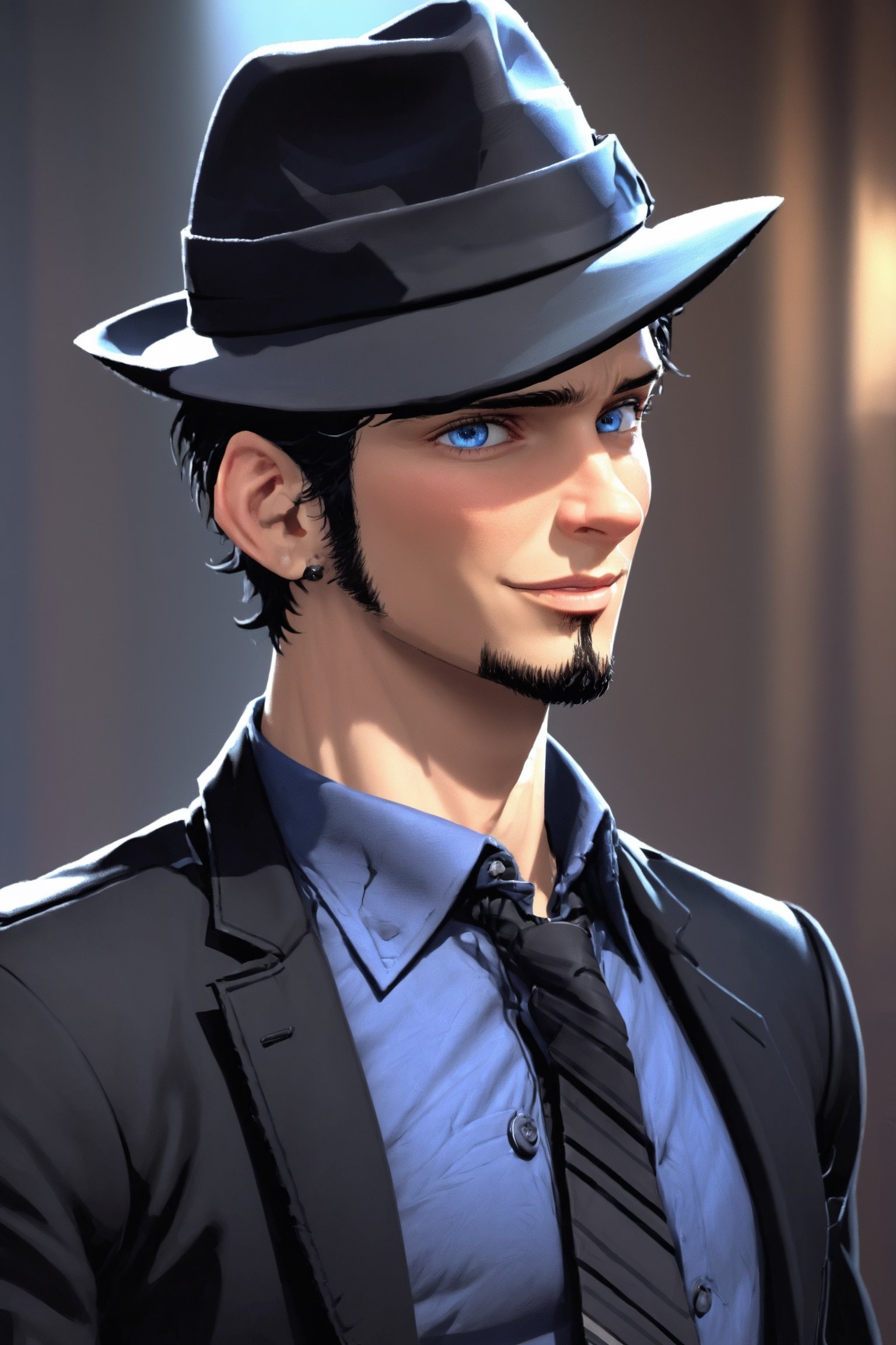 SalomanElfric, 35yo, solo, short hair, blue eyes, shirt, black hair, sole_male, fedora hat, jacket, upper body, male focus, necktie, black jacket, black headwear, (facial hair,sideburns, goatee:1.3), formal, suit, mature male, cartoon, unreal engine