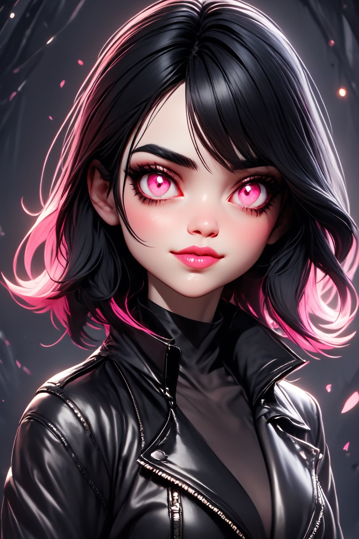 Utra, goth 1girl wearing leather clothes, thin delicate lips smirking with a closed mouth,  white skin,  black chin lenght hair and pink eyes, 4k, hd, unreal engine, 3d render, realistic,shards,3d toon style