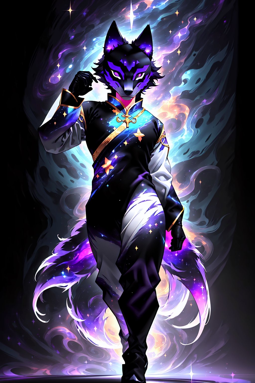 solo_male, solo, (slim), simple background, gloves, animal ears, full body, (black skin), grey background, glowing, no pupils, (human_lip), starry sky print, (purple wolf mask:1.2), sleek mask, 1 mask, (black celestial Ao Dai:1.2), dinamic photo, mystic, 3d render, unreal engine, Celestial Skin,