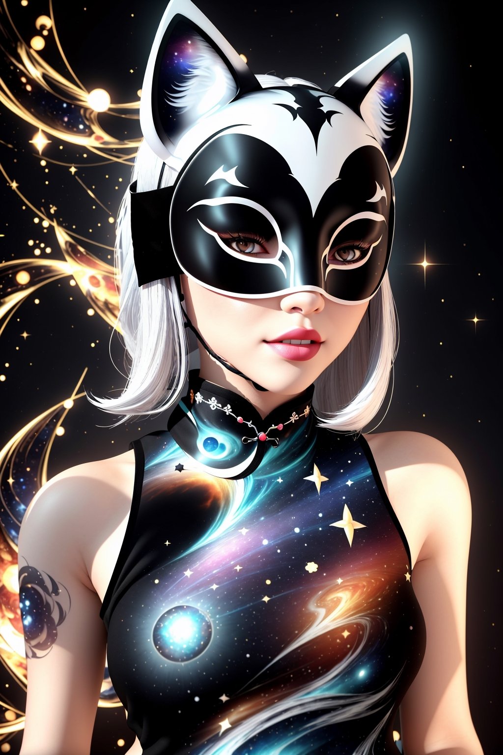 1girl, solo, skinny, (slim), simple background, gloves, animal ears, shoulders, tail, upper body, white hair, sleeveless, virtual youtuber, (black skin), grey background, glowing, no pupils, starry sky print, (white fox mask:1.2), (black celestial qipao:1.2), dinamic photo, mystic, 3d render, unreal engine,Celestial Skin,3D MODEL