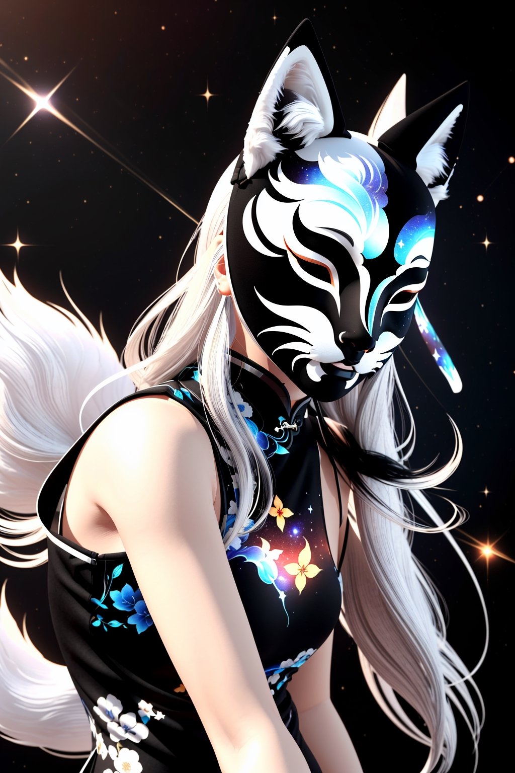 1girl, solo, skinny, (slim), simple background, gloves, animal ears, full body, (black skin), grey background, glowing, no pupils, starry sky print, (white fox mask:1.2), (black celestial qipao:1.2), dinamic photo, mystic, 3d render, unreal engine,Celestial Skin,3D MODEL