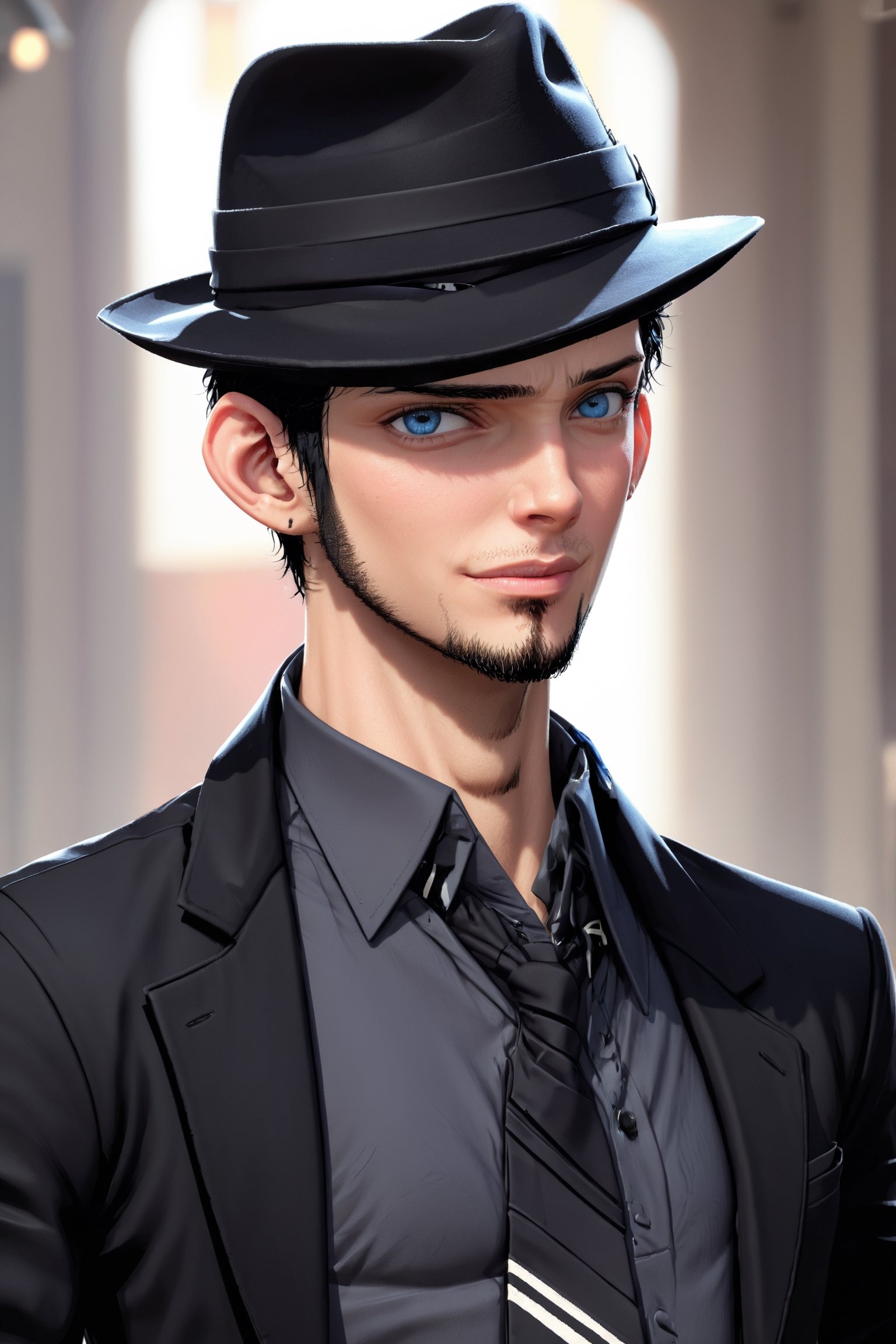 SalomanElfric, 27yo, solo, short hair, blue eyes, shirt, black hair, sole_male, fedora hat, jacket, upper body, male focus, necktie, black jacket, black headwear, (facial hair,sideburns, goatee:1.3), formal, suit, mature male, cartoon, unreal engine