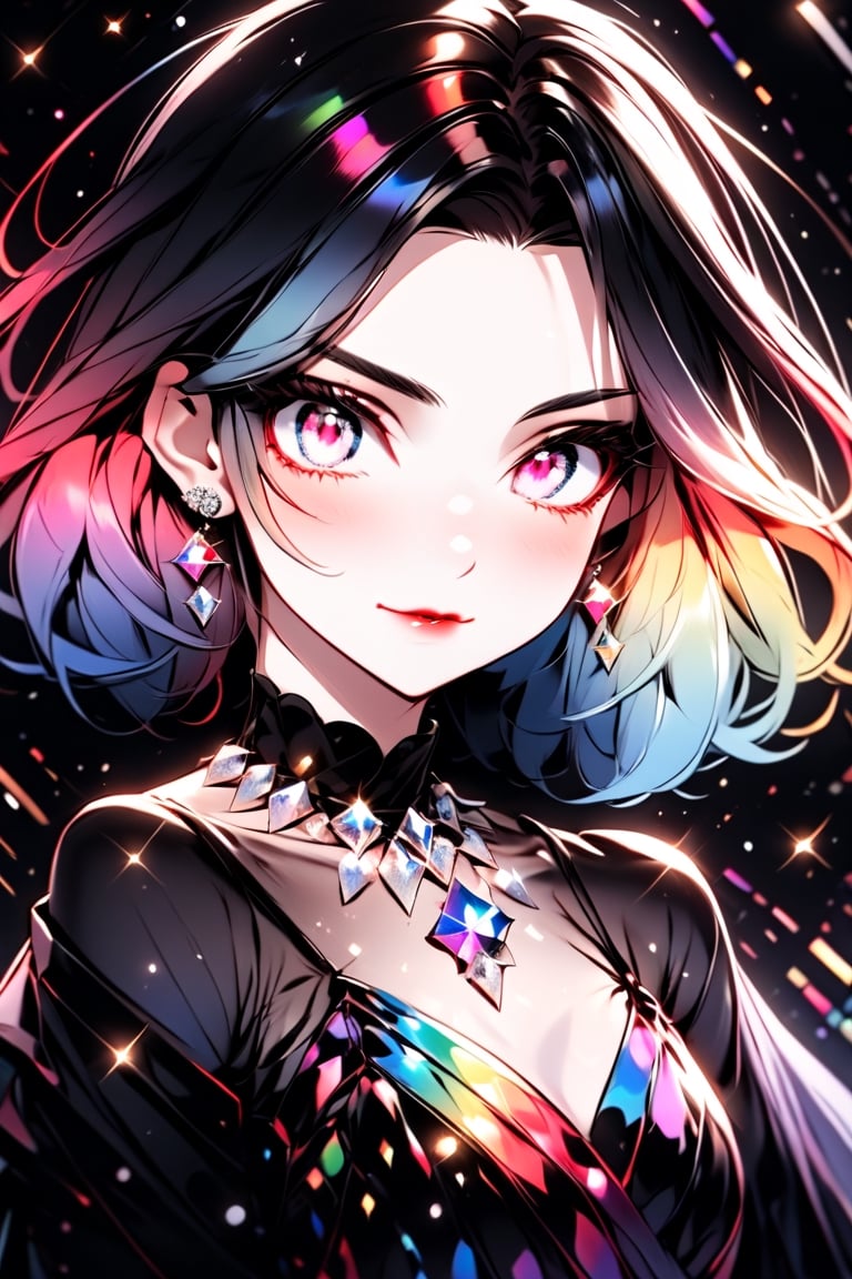 ((Rainbow Style), Anime, Real, Sketch, Thick Lines, Contents, Detailed, Detailed, One Girl, Glowing Rainbow Eyes, Closed Lips, Diamond Earrings, Shining Diamond Parts, Seductive Expression, Silk Floral Off-Shoulder Dress, Order, black gradient background, texture crop, Utra), Detailed Textures, high quality, high resolution, high Accuracy, realism, color correction, Proper lighting settings, harmonious composition, Behance works, more detail XL, Anime, hentai, Utra,Utra