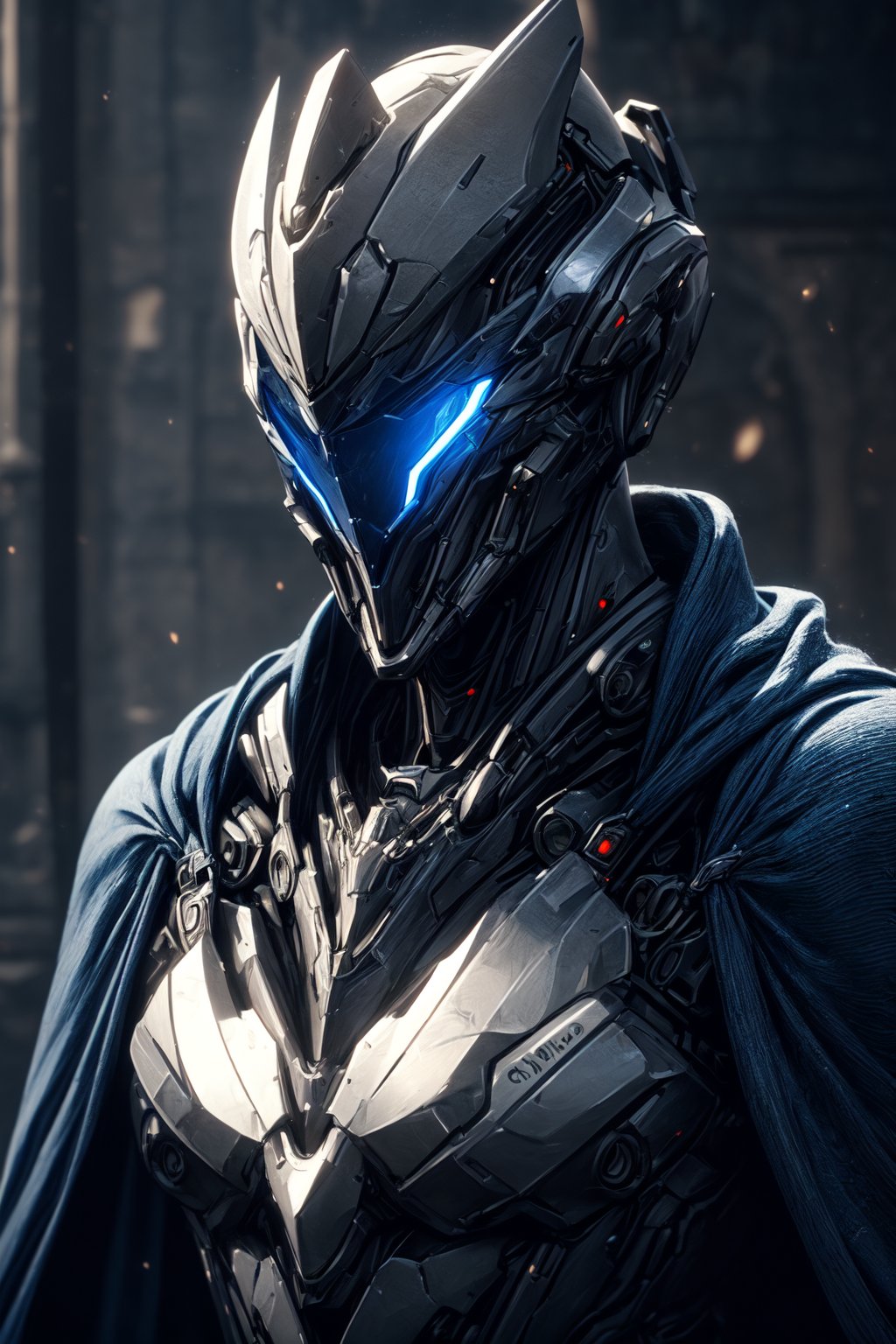 (masterpiece, best quality) extremely detailed, intricately detailed, ((portrait)), 1_boy, ((robot, wizard,assasin)), (Steel smooth armor, dark blue trim, cloth attachments, blue cloak), minimalist helmet, glowing eyes, chiaroscuro lighting, ray tracing, polished, high resolution, volumetric lightning, ,WARFRAME,medieval armor,robot