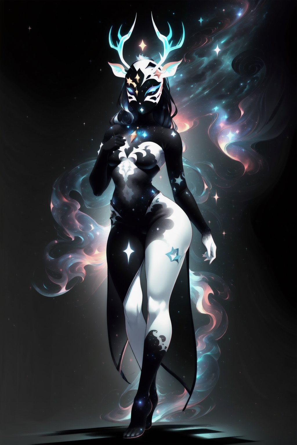 solo, tall, mature, long hair, simple background, gloves, animal ears, full body, (black skin), grey background, glowing, no pupils, starry sky print, (white elk mask:1.2), white horns, (black celestial clothes:1.2), dinamic photo, mystic, 3d render, unreal engine,Celestial Skin,