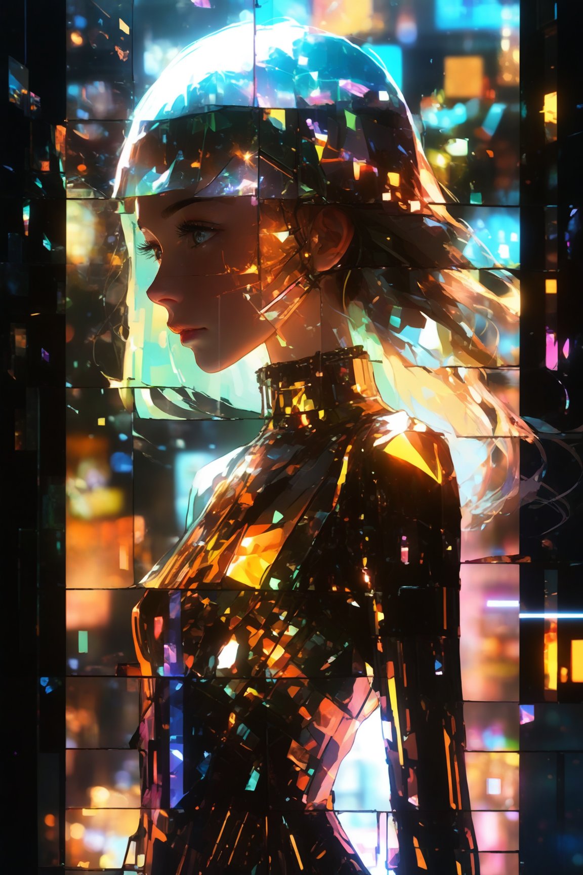 score_9, score_8, score_7, masterpiece, extremely detailed, broken glass effect, 1girl, solo, cyberpunk, transparent, cyborg, vivid, see-through, translucent, neon, detailed background, bokeh, creepy, vintage, see-through, facing front, upper body, internal organs, , orange hair, long hair, tied hair, hair over one eye, braless, long dress made of broken glass, crystal mask that refract light