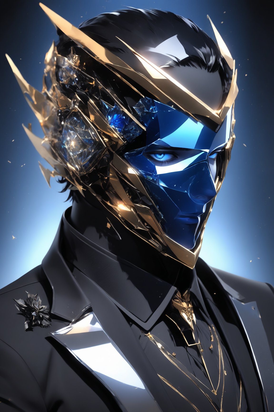 sole_male, (clear crystal visor mask), broken glass formal suit, SalomanElfric, white skin, (blue eyes), short black hair swiped back, [goatee], [sideburns] , masterpiece, digital art, award winner, serene, bright colors, octane, 3d render, realistic, shards,Gold Edged Black Rose,