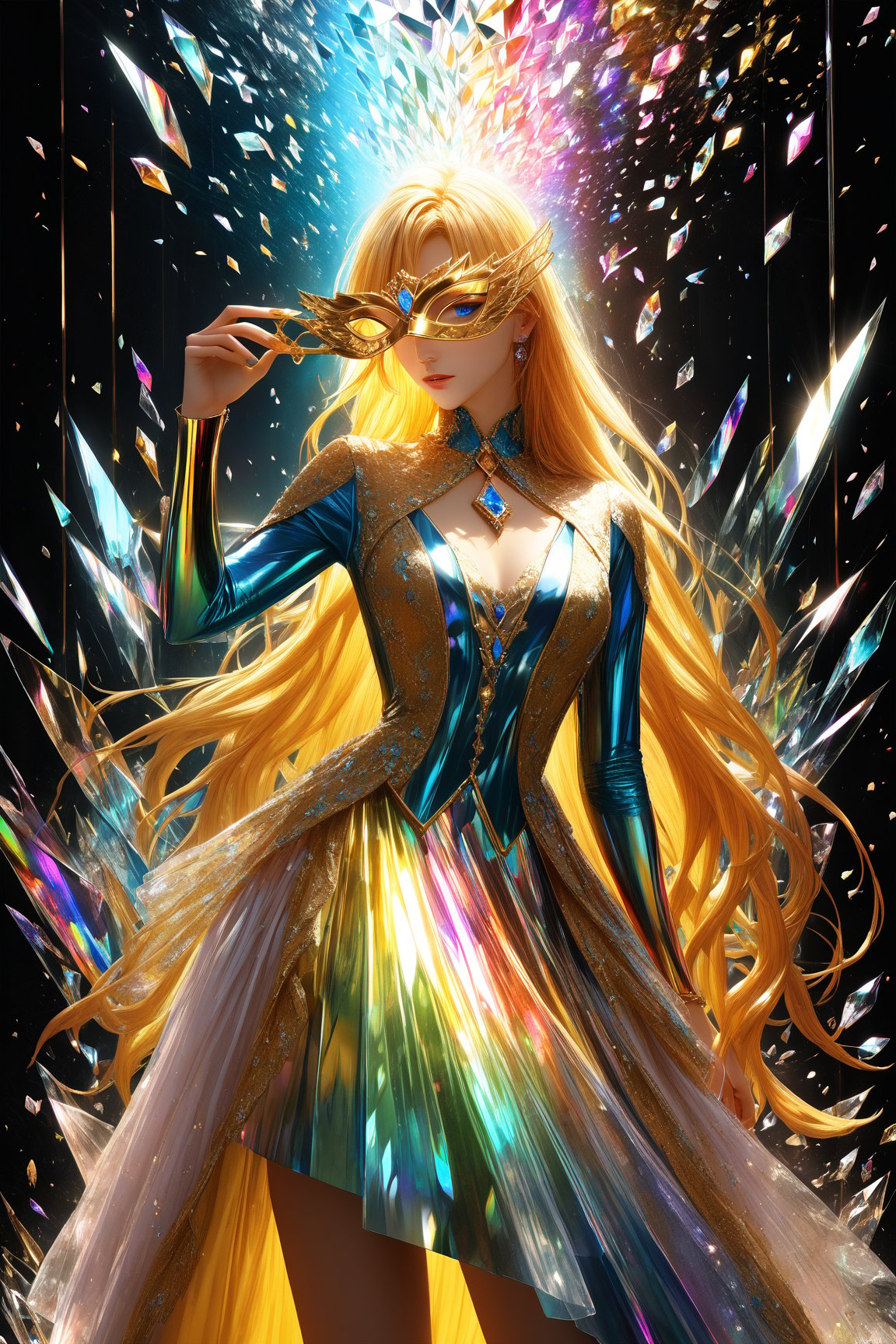 1girl, golden yellow long hair, (strait hair), (blue eyes), ranbow red fantasy-inspired mirrored glass shards expensive clothes, long cut neckline, eye-covering mask, crystal, petals falling, Broken Glass effect, no background, stunning, something that even doesn't exist, mythical being, energy, textures, iridescent and luminescent shards, divine presence, cowboy shot, Volumetric light, auras, rays, vivid colors reflects, Broken Glass effect, eyes shoot, oil paint, male focus, 3d render, digital art, realistic