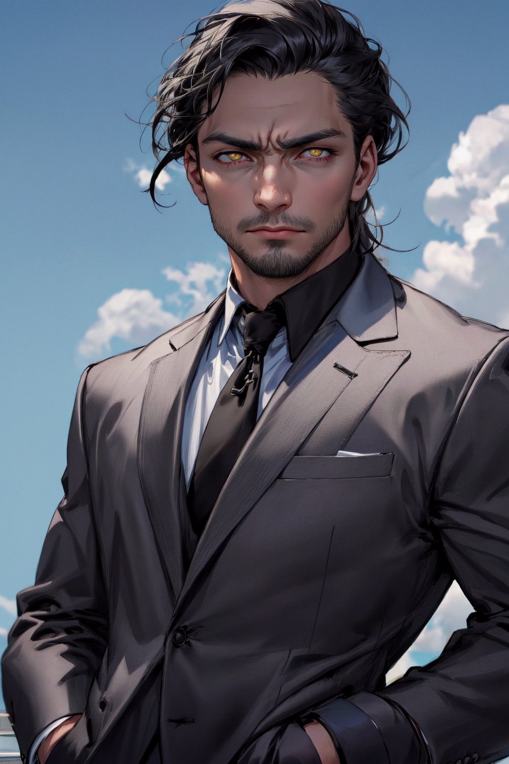 calcasian man with long black hair side swept to the right, golden eyes glowing yelow, hands on pockets, white skin, wearing a black suit, big white clouds moving in a light blue sky, very luminous, 8k, realistic, Add more detail, man, disgusted face,guy, realhands,man,Add more detail,disgusted face,looking at viewer, portrait,