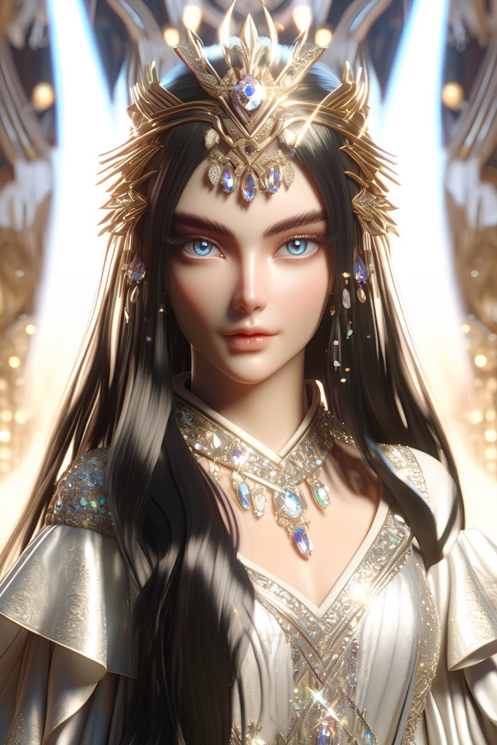 1 girl, European model, (athena:0.5), ((long black glossy hair)), straight bangs, ((shiny silver crystal colored eyes)), detailed eyes, (full body), blink and youll miss it detail, silk light clothes, golden glittering, high quality, textured background, very detailed, iridescent, intricate hairstyle ,clothing, softer lines, perfect hands, soft lighting, soft expression, front view, looking at viewer, soft smile, (thin delicate eyebrows:1.3) , unreal engine, realistic 