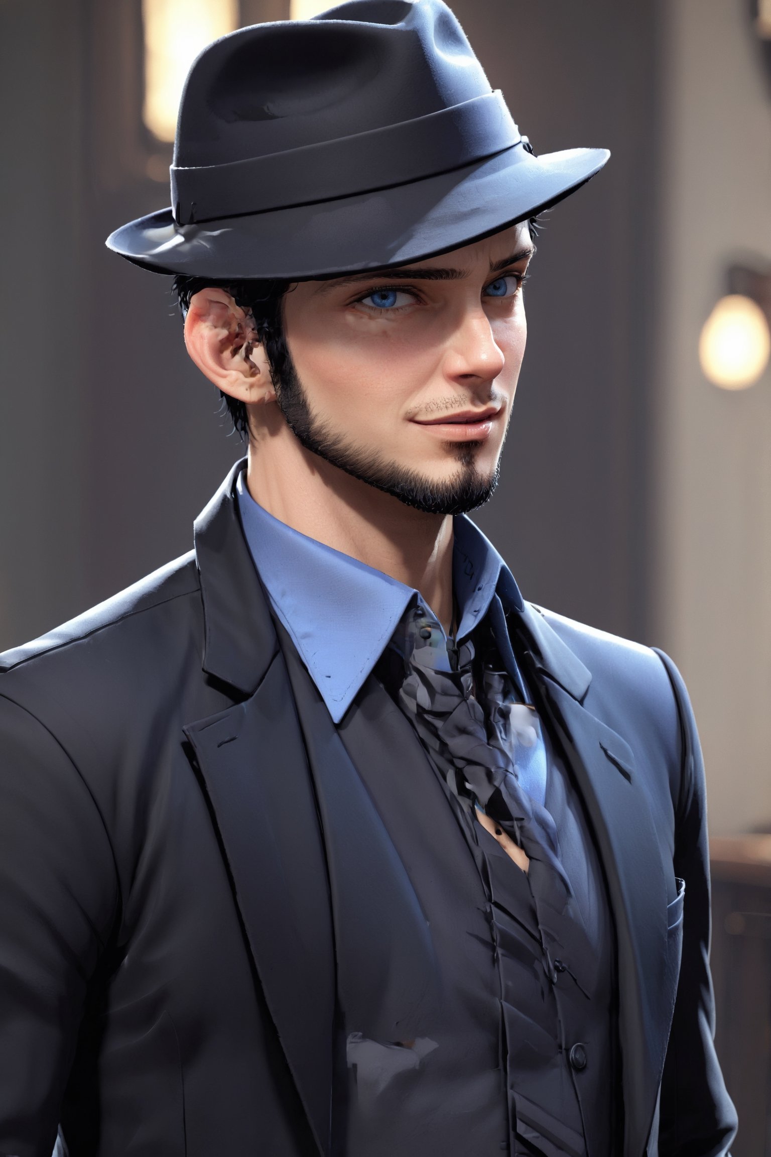 SalomanElfric, 35yo, solo, short hair, blue eyes, shirt, black hair, sole_male, fedora hat, jacket, upper body, male focus, necktie, black jacket, black headwear, (facial hair,sideburns, goatee:1.3), formal, suit, mature male, cartoon, unreal engine,