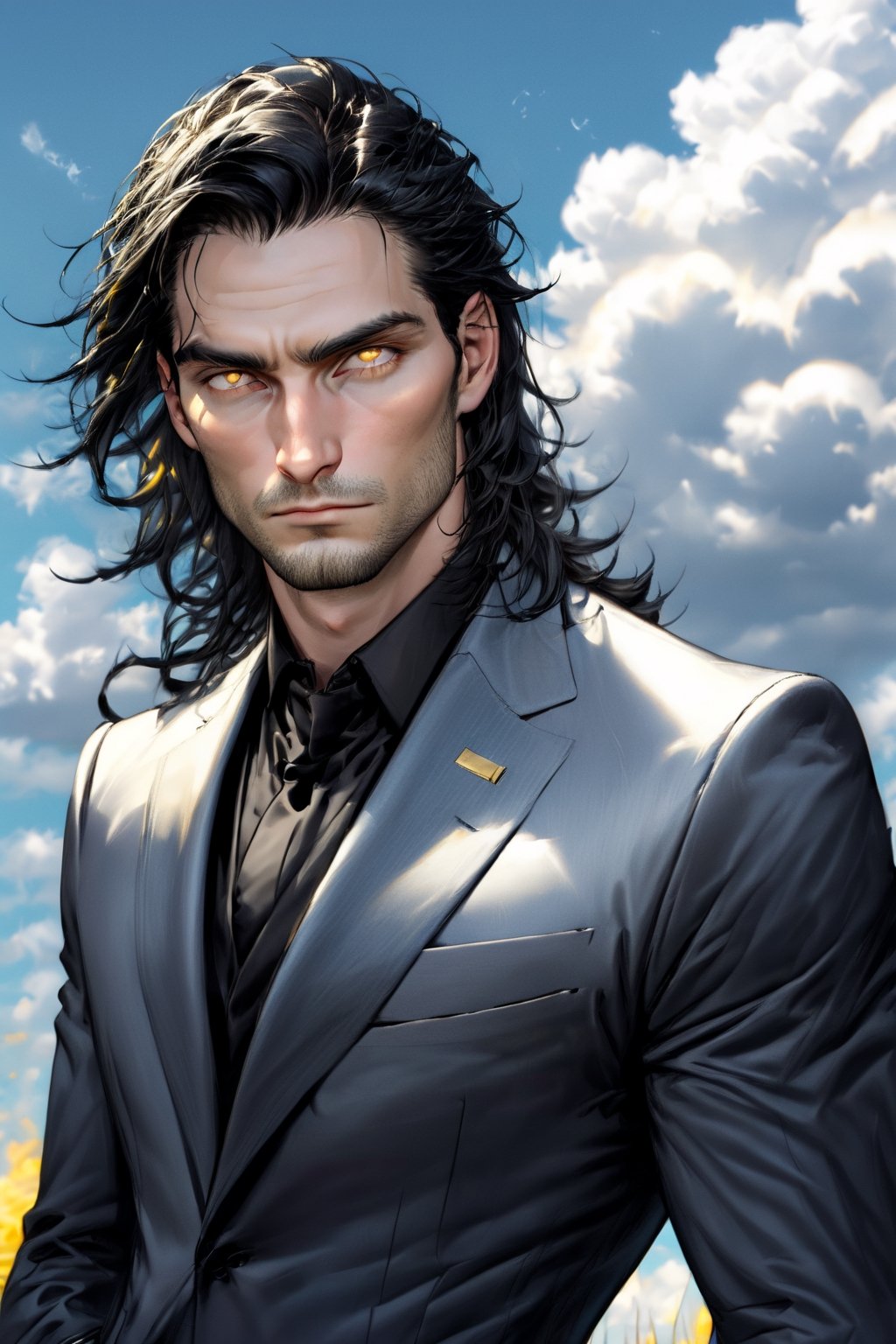 calcasian slim man with long black hair side swept to the right, golden eyes glowing yelow, hands on pockets, white skin, wearing a black suit, big white clouds moving in a light blue sky, very luminous, 8k, realistic, Add more detail, man, disgusted face,guy, realhands,man,Add more detail,disgusted face,looking at viewer, portrait,Lenny,LennySincoat