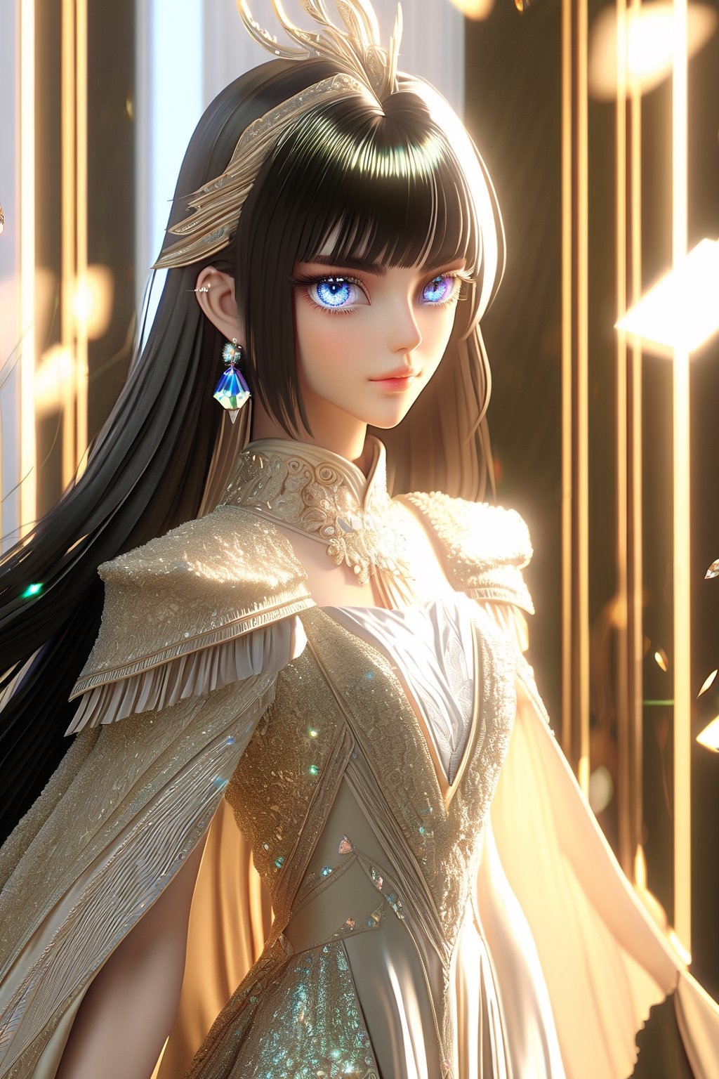 1 girl, European model, (athena:0.5), ((long black glossy hair)), straight bangs, ((shiny silver crystal colored eyes)), detailed eyes, (full body), blink and youll miss it detail, silk light clothes, golden glittering, high quality, textured background, very detailed, iridescent, intricate hairstyle ,clothing, softer lines, perfect hands, soft lighting, soft expression, front view, looking at viewer, soft smile, (thin delicate eyebrows:1.3) , unreal engine, realistic 