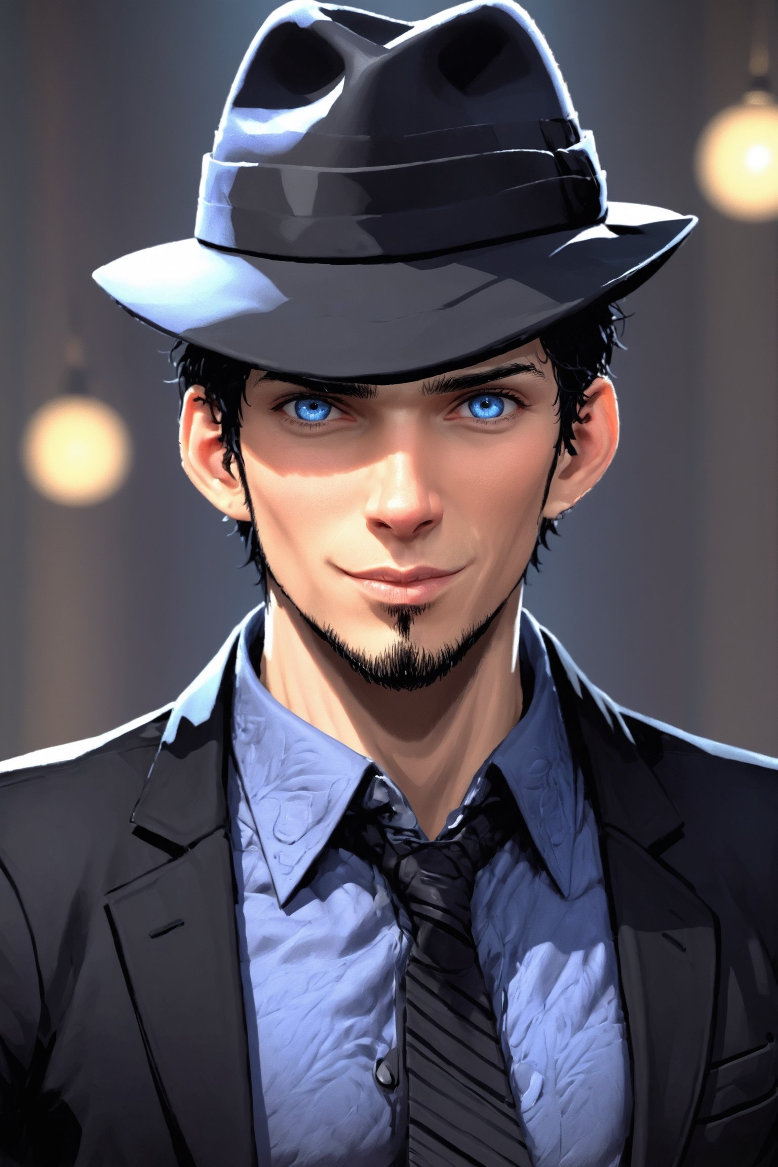 SalomanElfric, 35yo, solo, short hair, blue eyes, shirt, black hair, sole_male, fedora hat, jacket, upper body, male focus, necktie, black jacket, black headwear, (facial hair,sideburns, goatee:1.3), formal, suit, mature male, cartoon, unreal engine