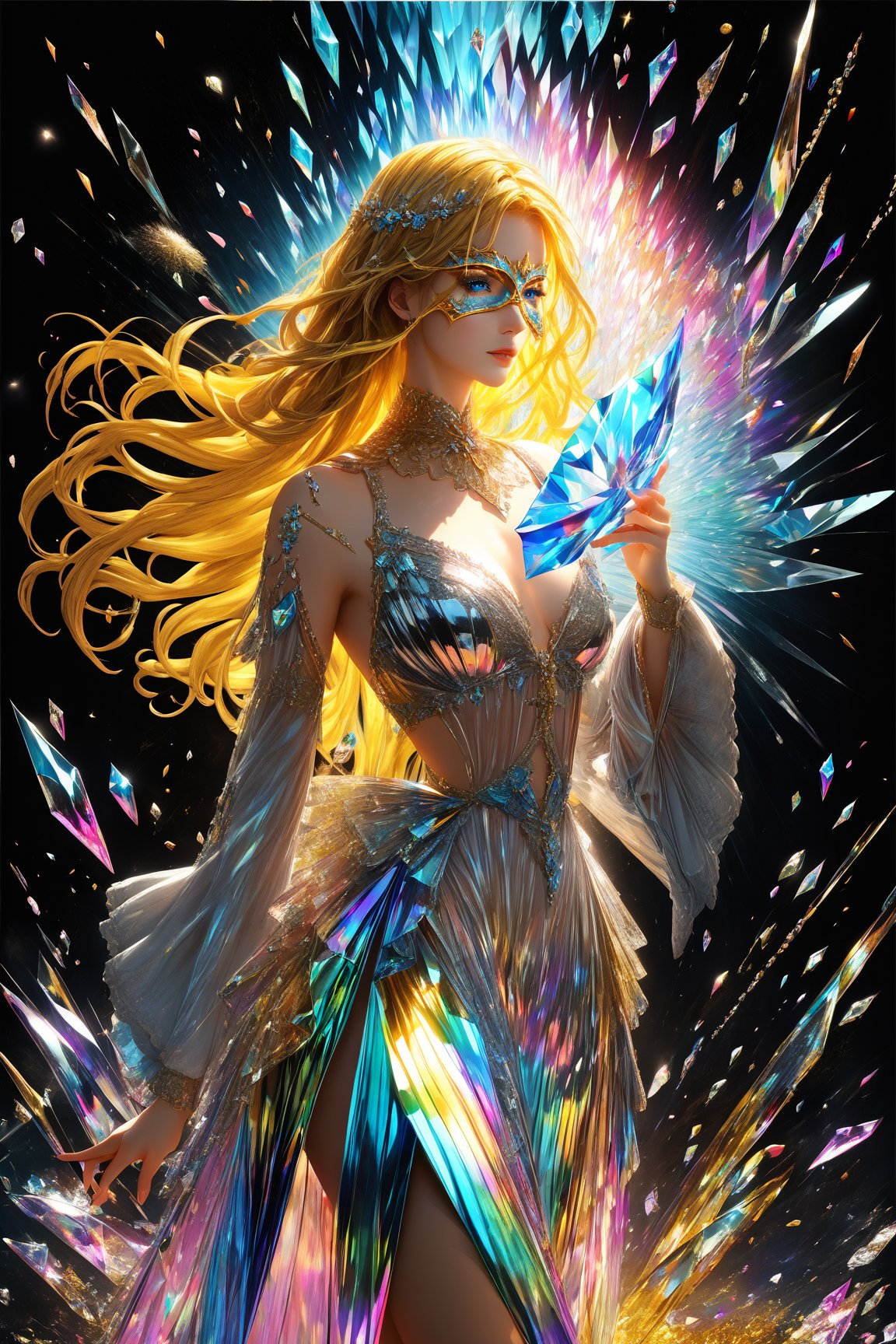 1girl, golden yellow long hair, (strait hair), (blue eyes), ranbow red fantasy-inspired mirrored glass shards expensive clothes, long cut neckline, eye-covering mask, crystal, petals falling, Broken Glass effect, no background, stunning, something that even doesn't exist, mythical being, energy, textures, iridescent and luminescent shards, divine presence, cowboy shot, Volumetric light, auras, rays, vivid colors reflects, Broken Glass effect, eyes shoot, oil paint, male focus, 3d render, digital art, realistic