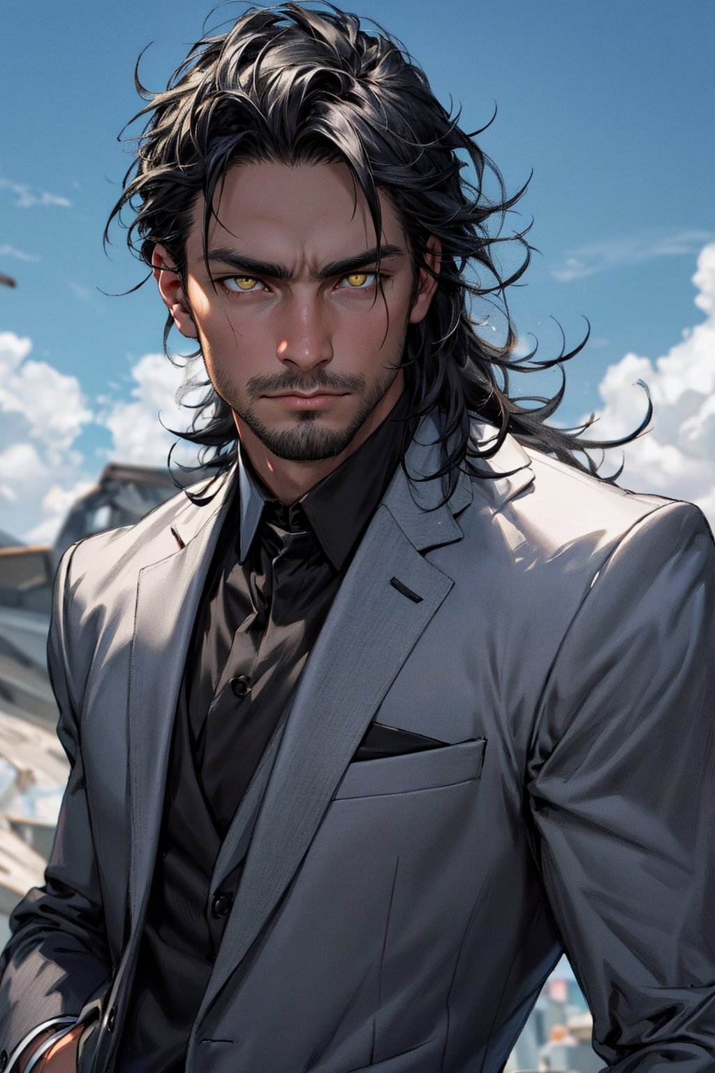 calcasian man with long black hair side swept to the right, golden eyes glowing yelow, hands on pockets, white skin, wearing a black suit, big white clouds moving in a light blue sky, very luminous, 8k, realistic, Add more detail, man, disgusted face,guy, realhands,man,Add more detail,disgusted face,looking at viewer, portrait,