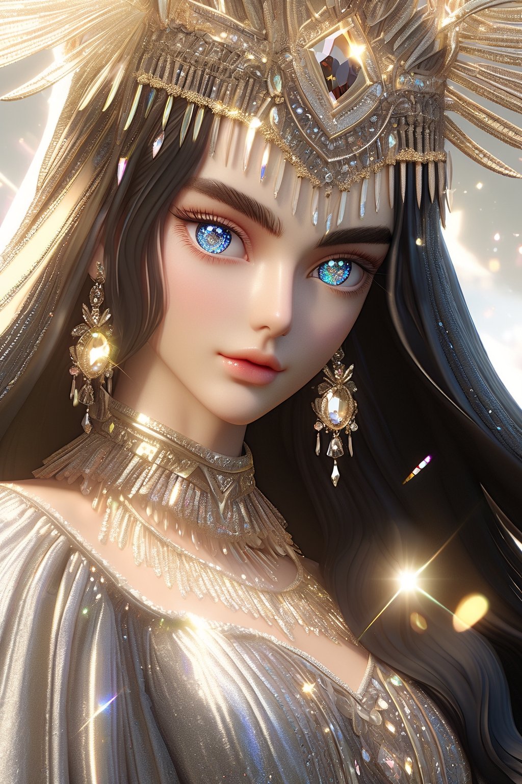 1 girl, European model, (athena:0.5), ((long black glossy hair)), straight bangs, ((shiny silver crystal colored eyes)), detailed eyes, (full body), blink and youll miss it detail, silk light clothes, golden glittering, high quality, textured background, very detailed, iridescent, intricate hairstyle ,clothing, softer lines, perfect hands, soft lighting, soft expression, front view, looking at viewer, soft smile, (thin delicate eyebrows:1.3) , unreal engine, realistic 