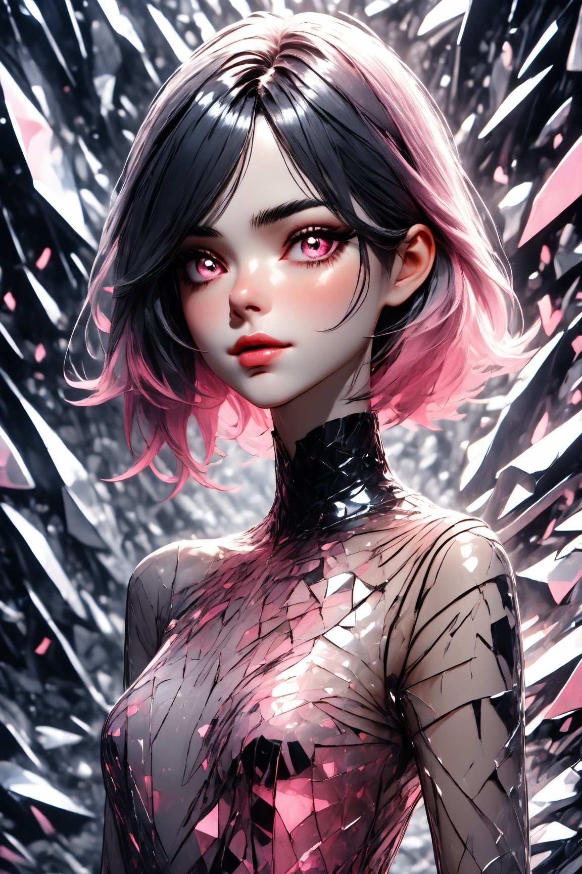 Utra, 1girl in a silk dress made of glass shards, thin delicate lips smirking with a closed mouth,  white skin,  black chin lenght hair and pink eyes, 4k, hd, unreal engine, 3d render, realistic,shards