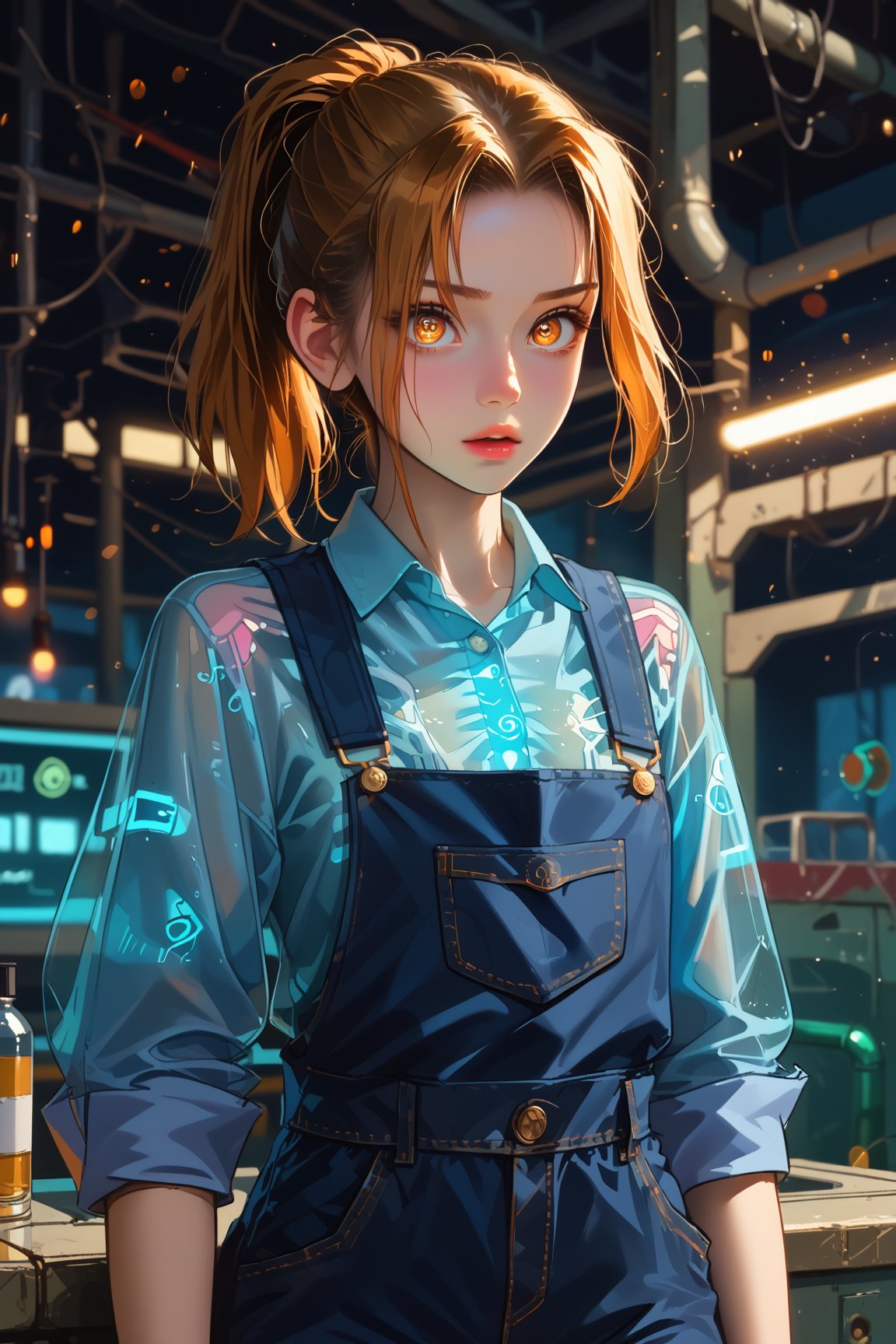 a striking cyborg girl stands solo, her transparent body glowing like neon in the dark. She wears black overalls and a navy blue shirt, with long, tied hair framing her caramel eyes. A mechanic's uniform hints at her technical prowess. The see-through flesh reveals her skeleton, while internal organs pulse beneath the surface. Vivid, orange-tinted locks fall over one eye, adding to the mesmerizing allure. Bokeh lights from distant cityscapes create a creepy, vintage atmosphere.