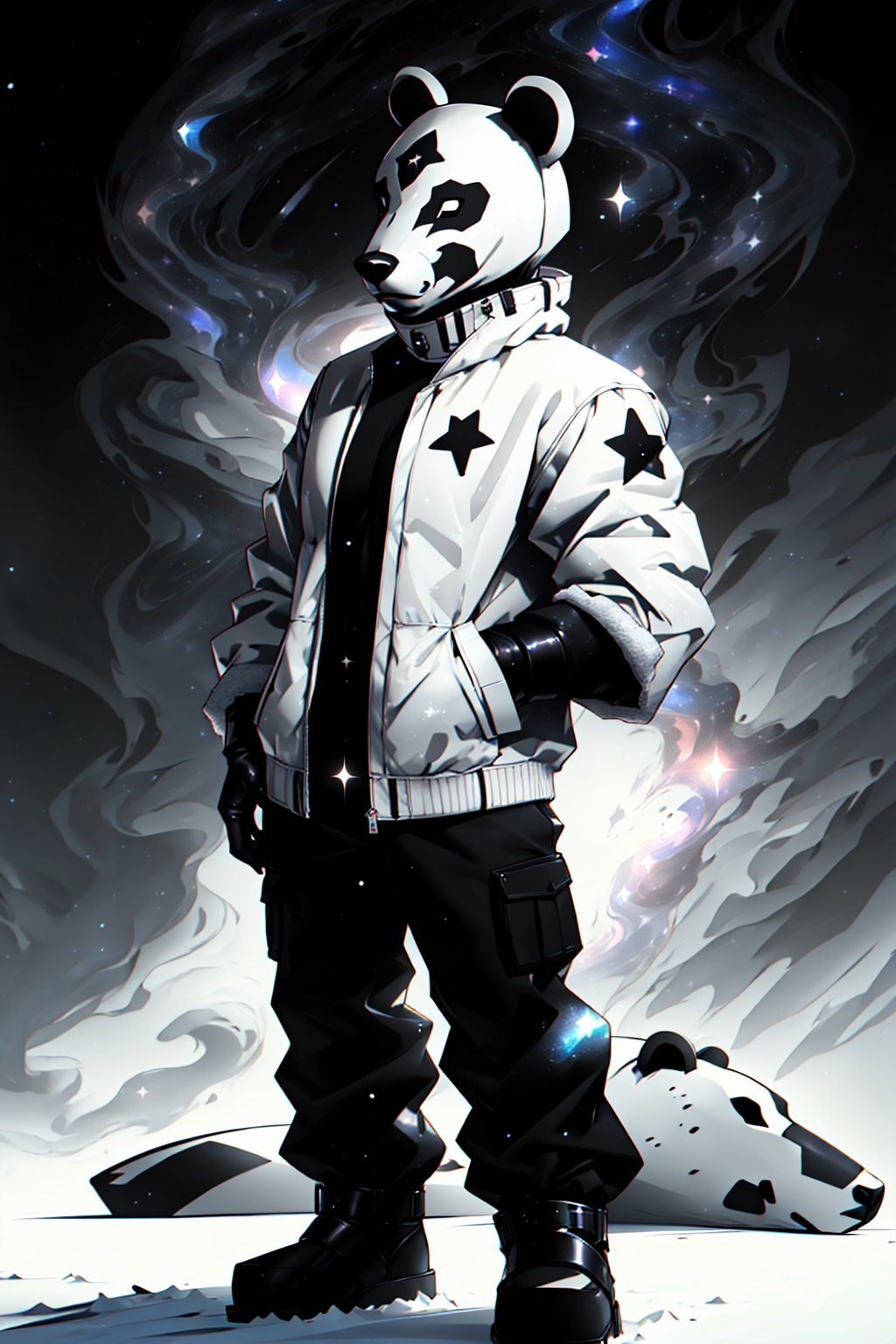 solo_male, strong, muscular, solo, (slim), simple background, gloves, animal ears, full body, (black skin), grey background, glowing, no pupils, (human_lip), starry sky print, (white bear mask:1.2), sleek mask, 1 mask, (black celestial winter clothes:1.2), turtleneck, cargo pants, dinamic photo, mystic, 3d render, unreal engine,Celestial Skin,