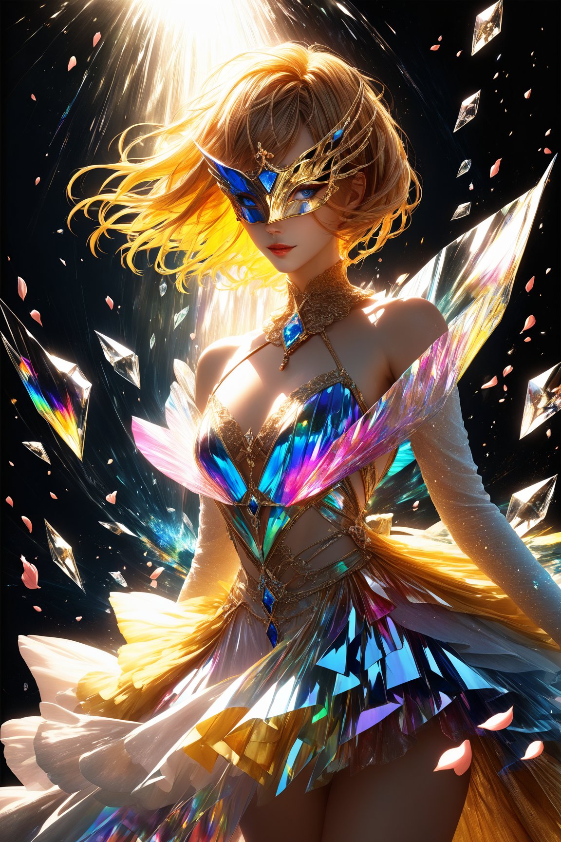 1girl, golden yellow short hair, (strait hair), (blue eyes), ranbow red fantasy-inspired mirrored glass shards expensive clothes, long cut neckline, eye-covering mask, crystal, petals falling, Broken Glass effect, no background, stunning, something that even doesn't exist, mythical being, energy, textures, iridescent and luminescent shards, divine presence, cowboy shot, Volumetric light, auras, rays, vivid colors reflects, Broken Glass effect, eyes shoot, oil paint, male focus, 3d render, digital art, realistic