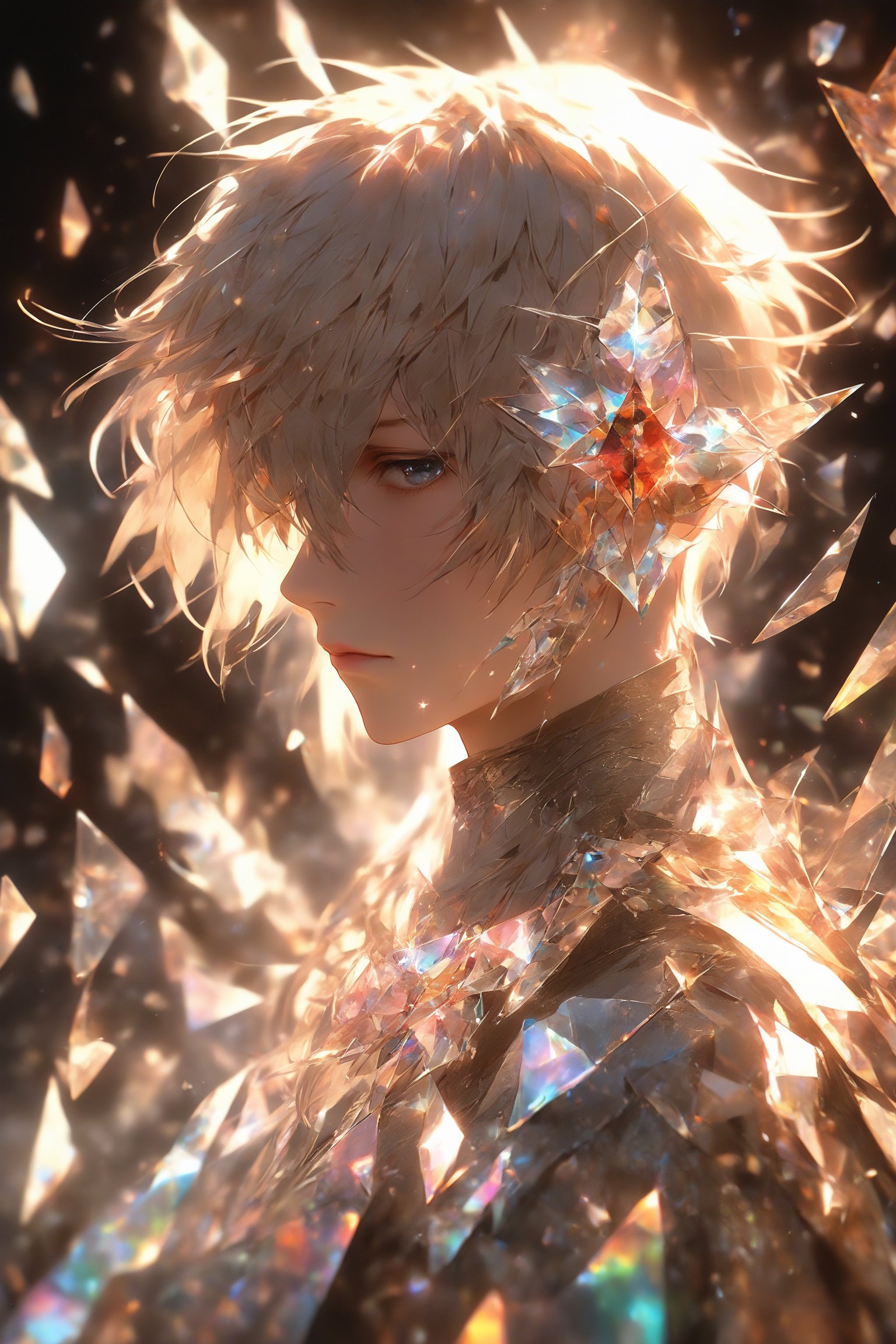 1boy, (crystal mask), broken glass garments, solo, short hair, bangs, beige layered hair, beige eyebrows, gray eyes, long sleeves, closed mouth, upper body, male focus, profile, light particles, bokeh, masterpiece, digital art, award winner, bealtyfull, intense, bright colors, octane, 3d render, realistic, shards